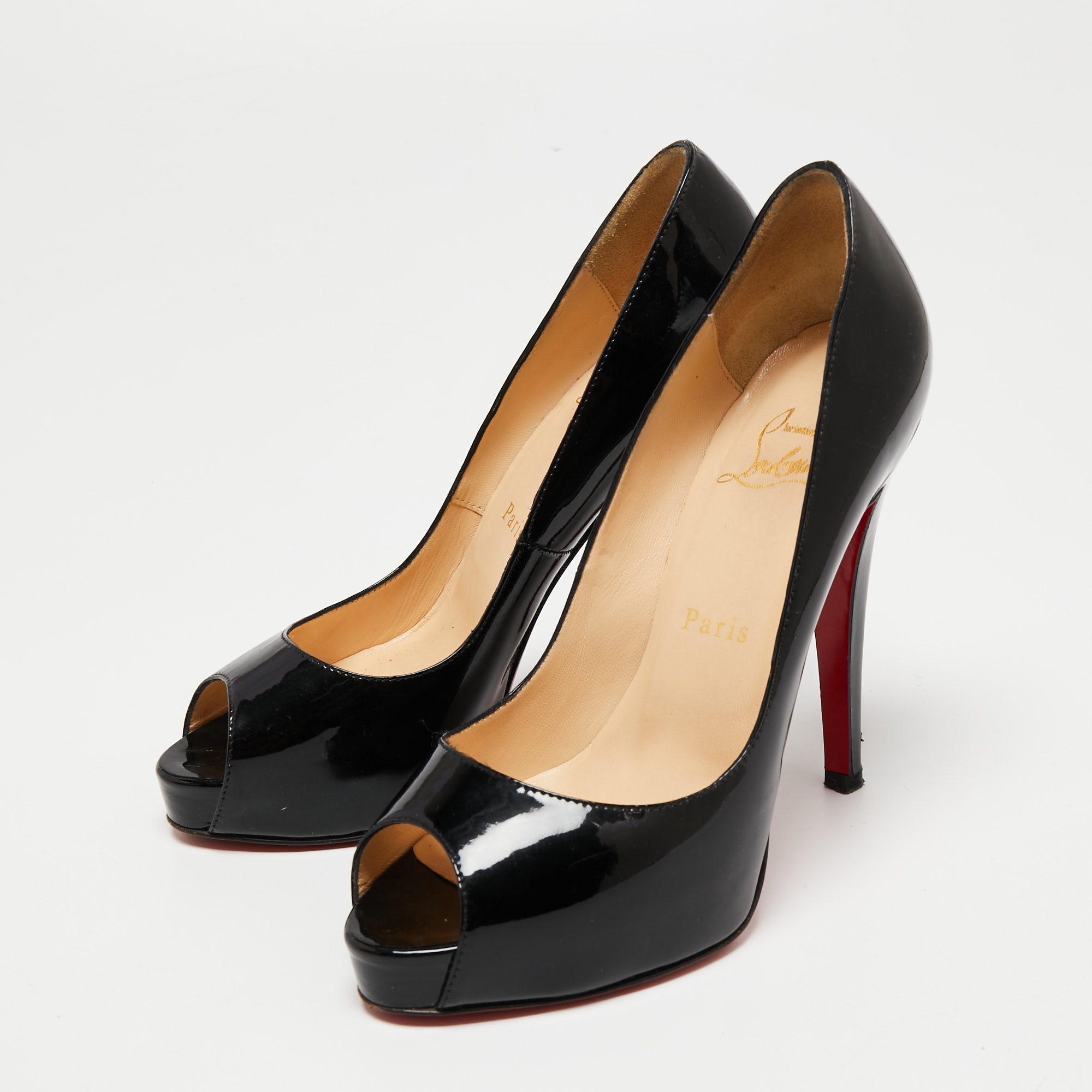 

Christian Louboutin Black Patent Leather Very Prive Peep-Toe Pumps Size