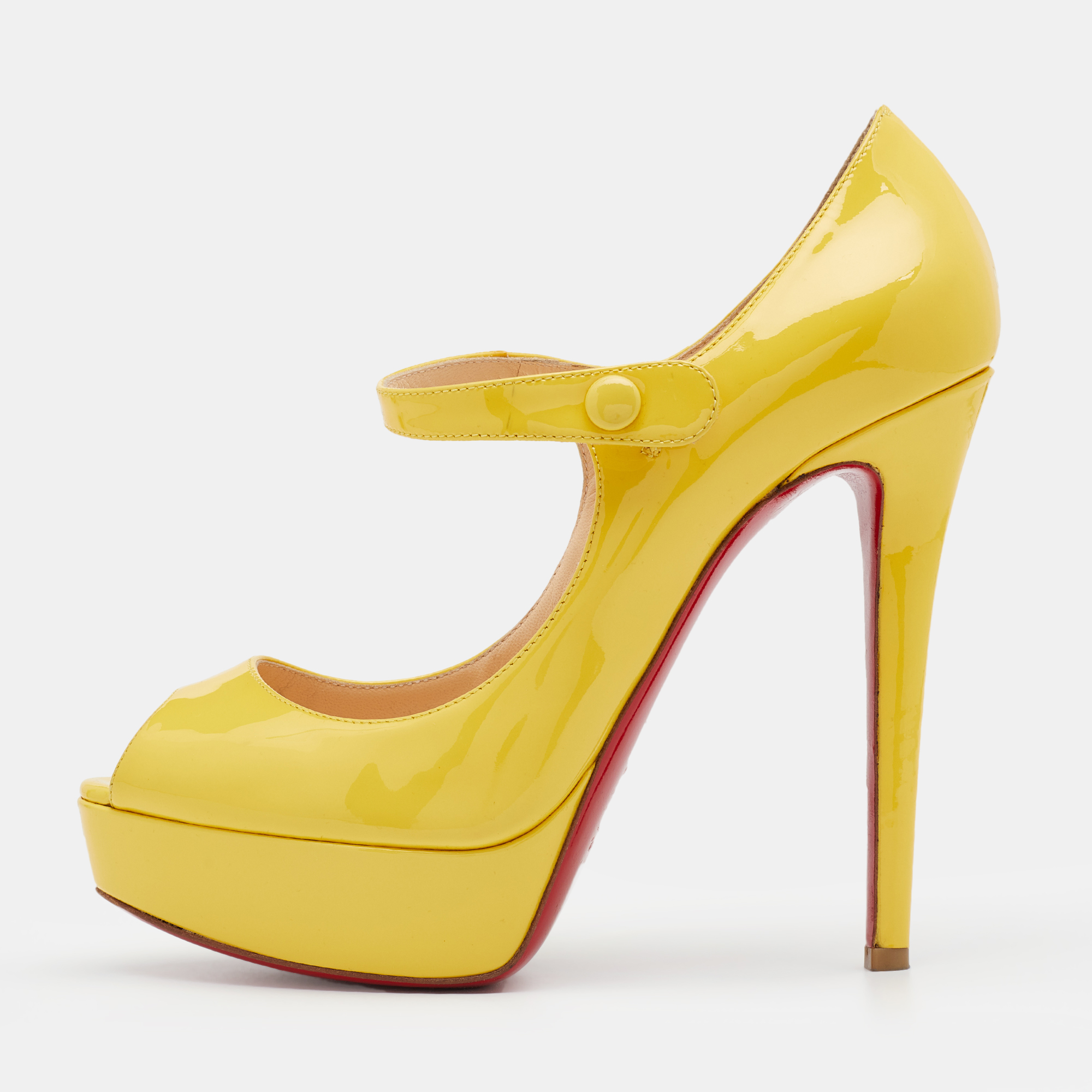 This pair of pumps by Christian Louboutin will let you make the most amazing style statement. Showcase the latest trends in fashion when you wear this pair yellow leather pumps that are designed in a Mary Jane style with high heels and peep toes. This pair of yellow pumps are complete with signature red soles.