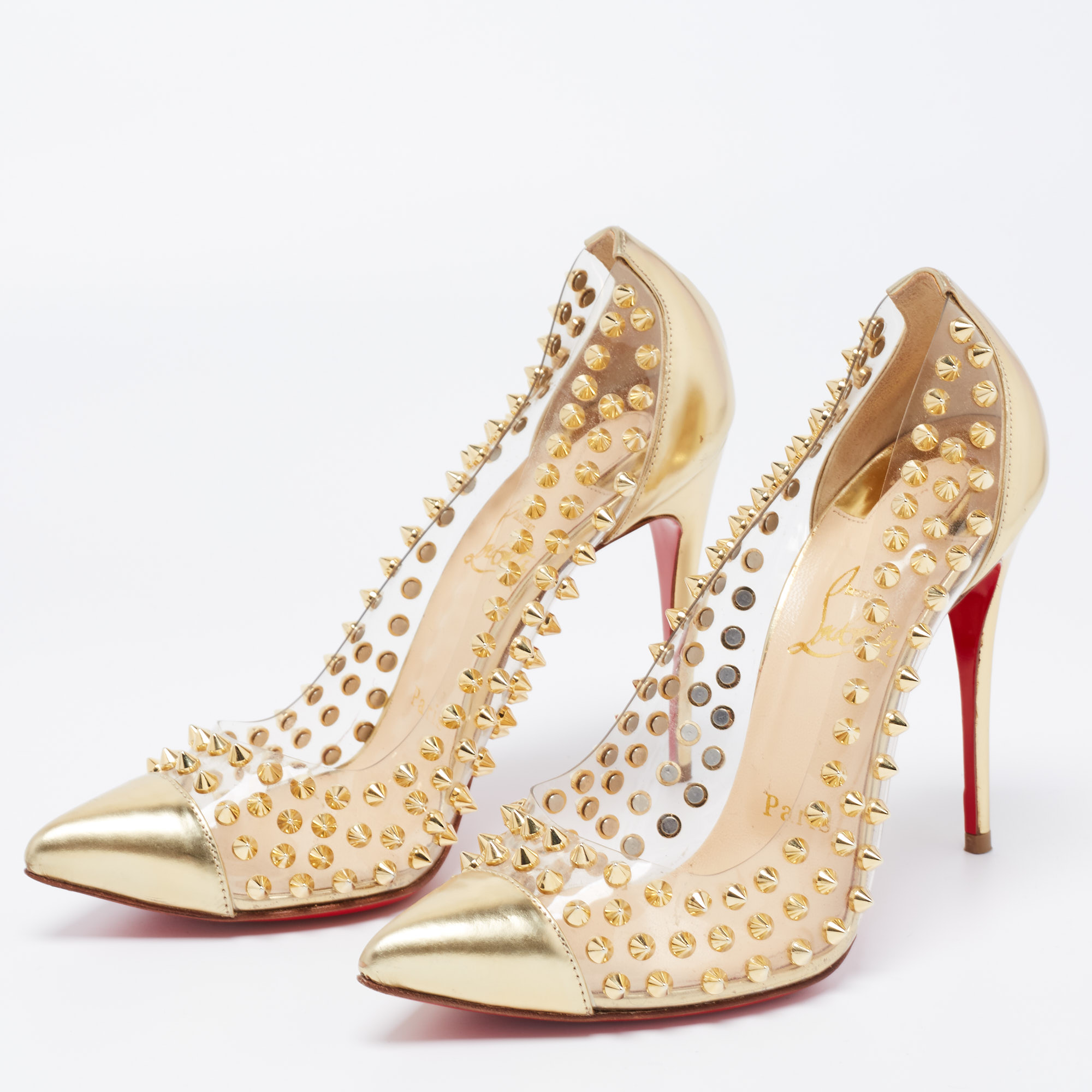 

Christian Louboutin Gold Leather and PVC Spike Me Pigalle Pumps Size