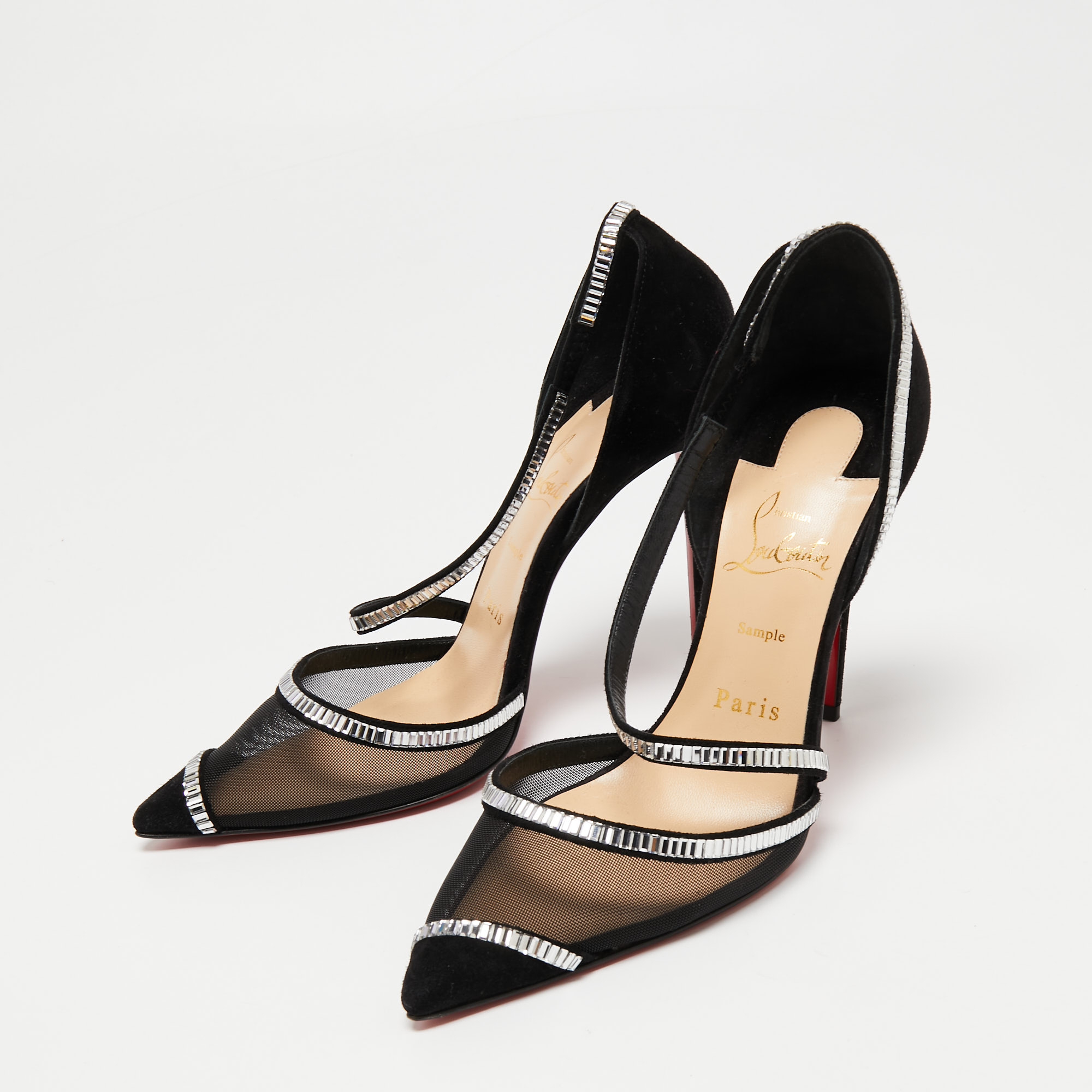 

Christian Louboutin Black Mesh And Suede Chiara Crystal Embellished Pumps Size