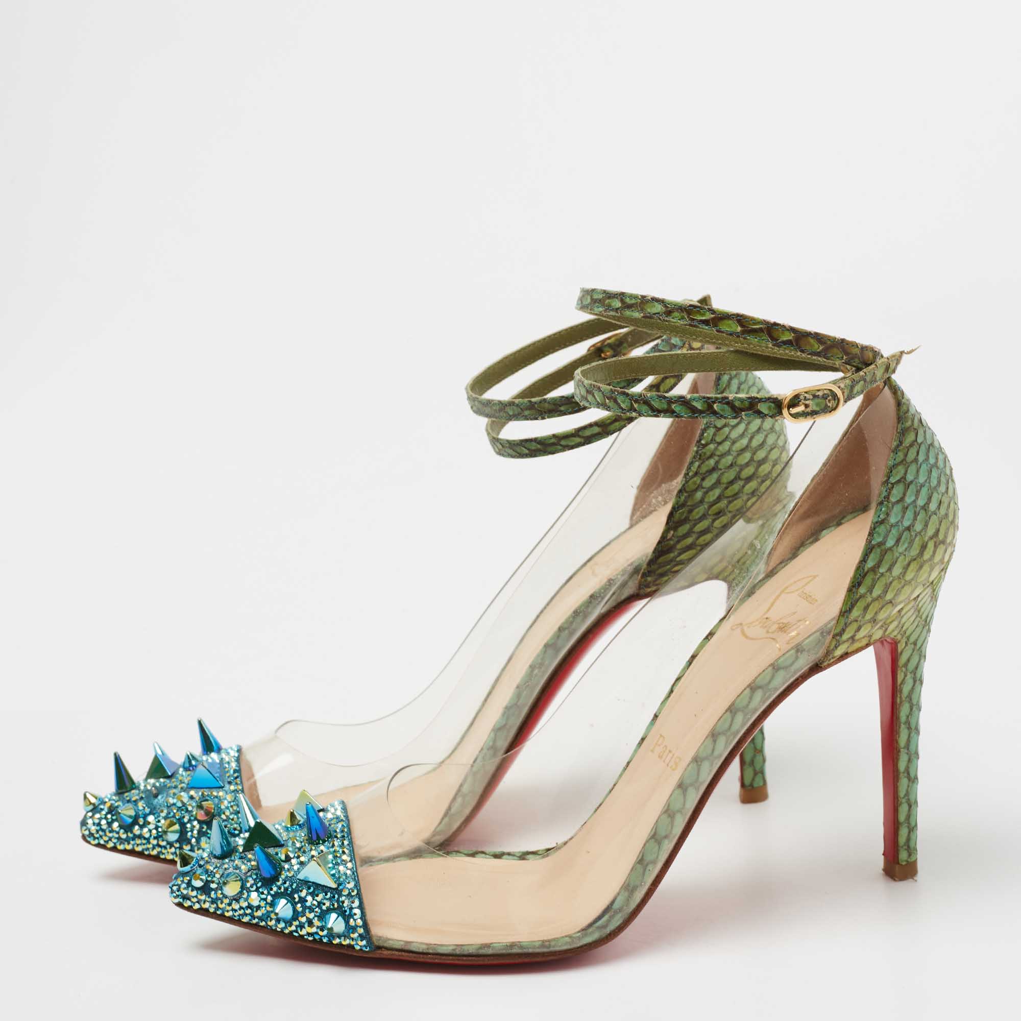 

Christian Louboutin Green/Blue Snakeskin Leather and PVC Just Picks Spike Ankle Strap Pumps Size