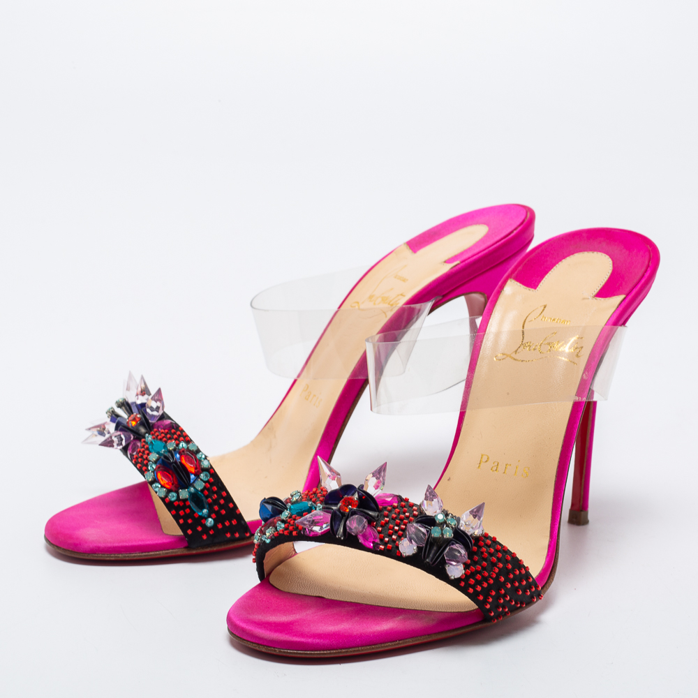 

Christian Louboutin Multicolor Satin and PVC Speleola Slide Sandals Size