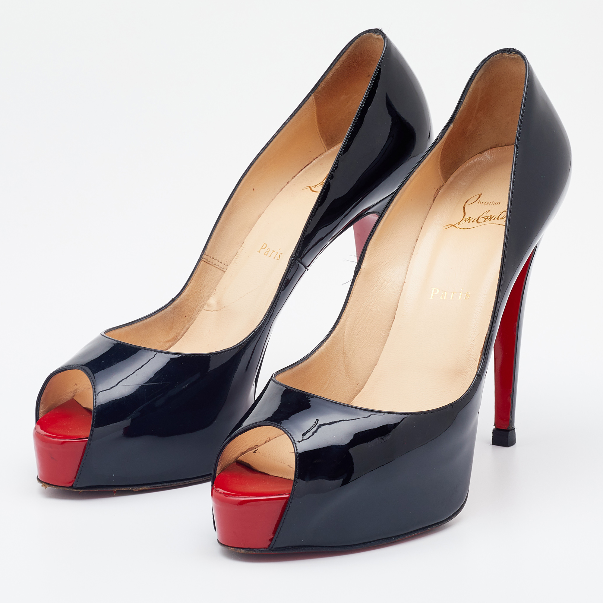 

Christian Louboutin Black Patent leather New Very Prive Peep Toe Platform Pumps Size