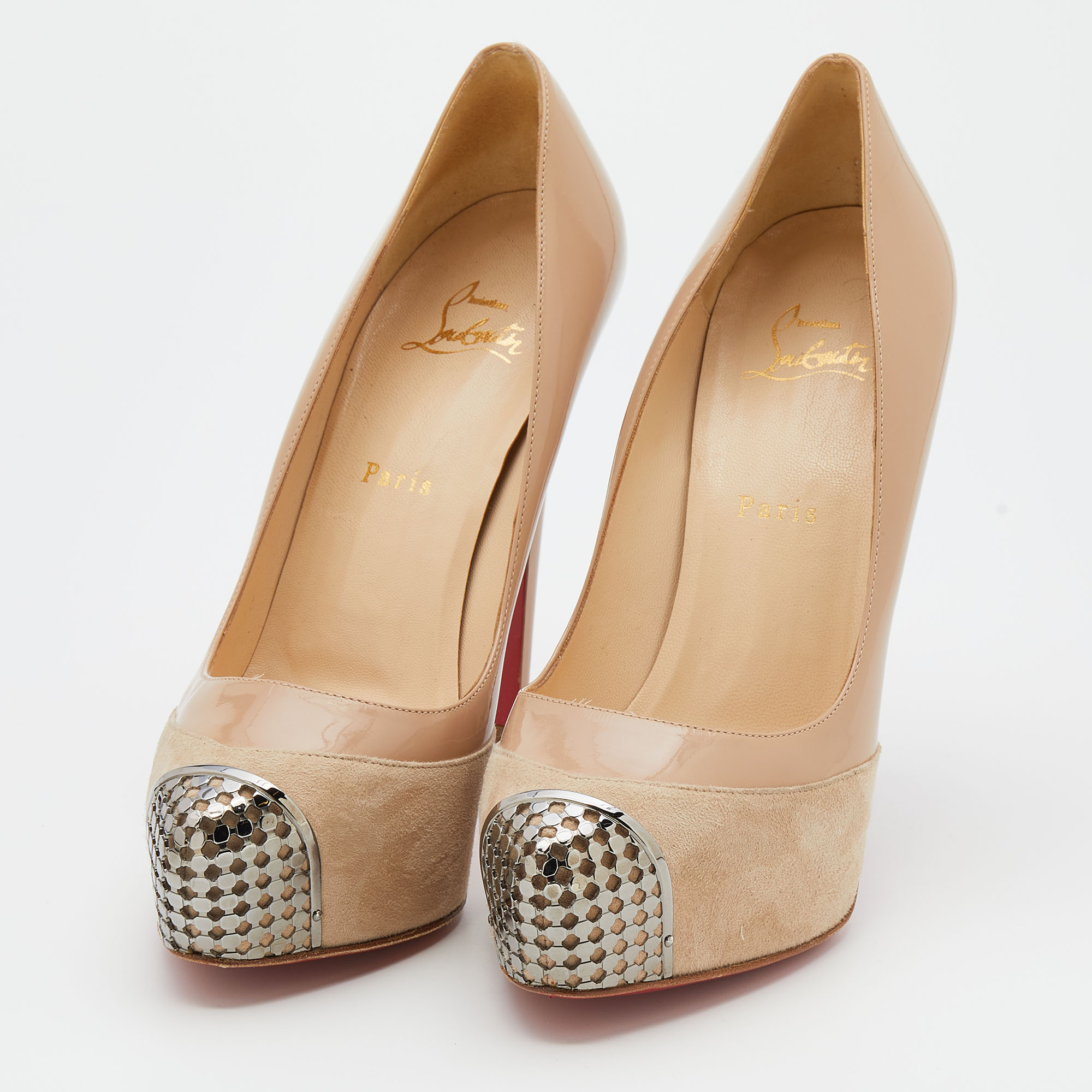 

Christian Louboutin Beige Suede and Patent Leather Maggie Embellished Cap Toe Platform Pumps Size