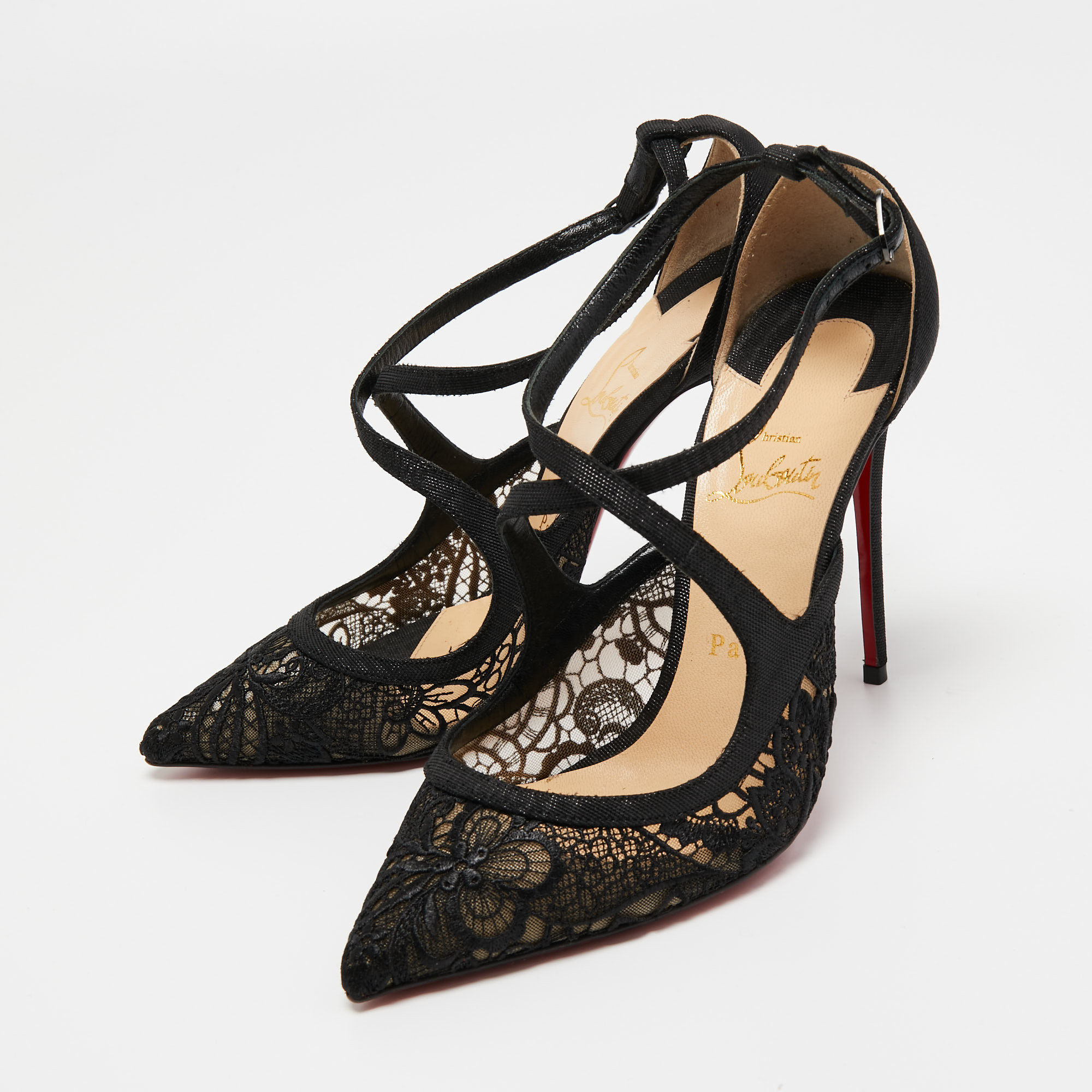

Christian Louboutin Black Lace And Fabric Twistissima Pointed Toe Ankle Strap Sandals Size
