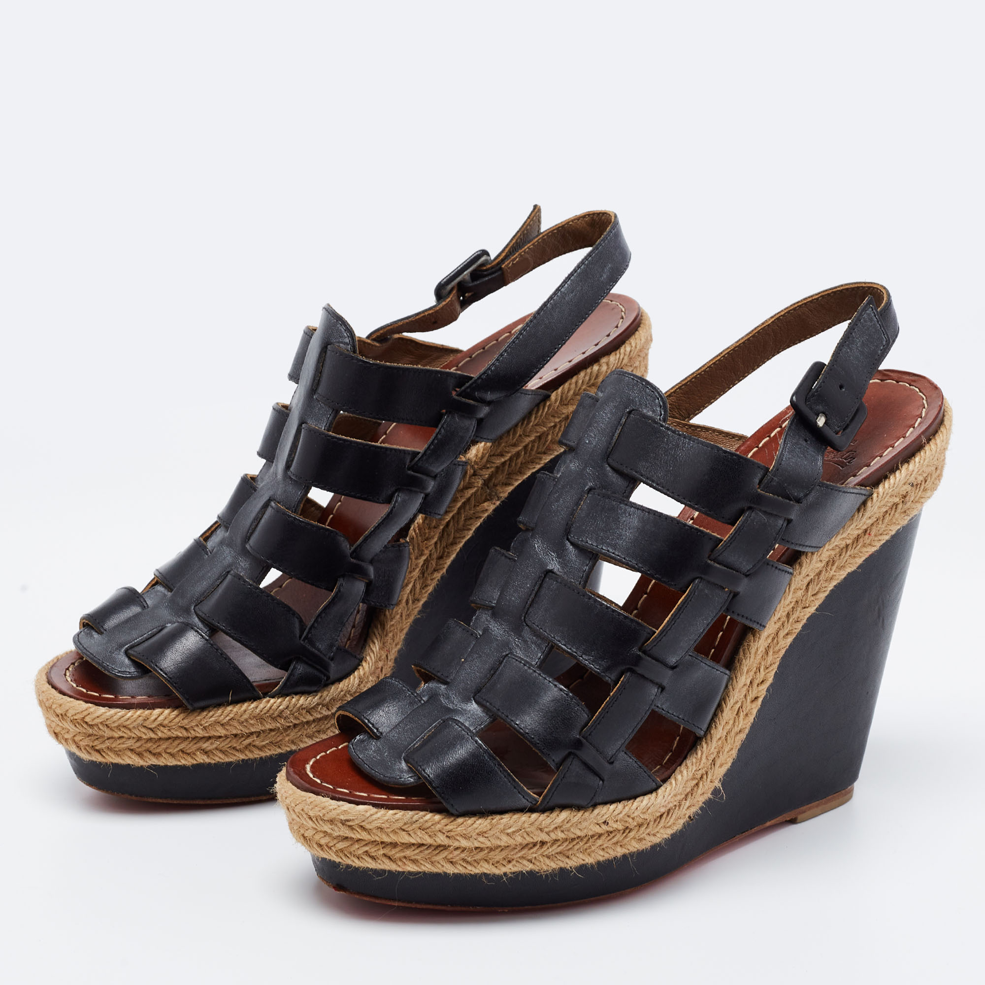 

Christian Louboutin Black Leather Barcelona Wedge Sandals Size