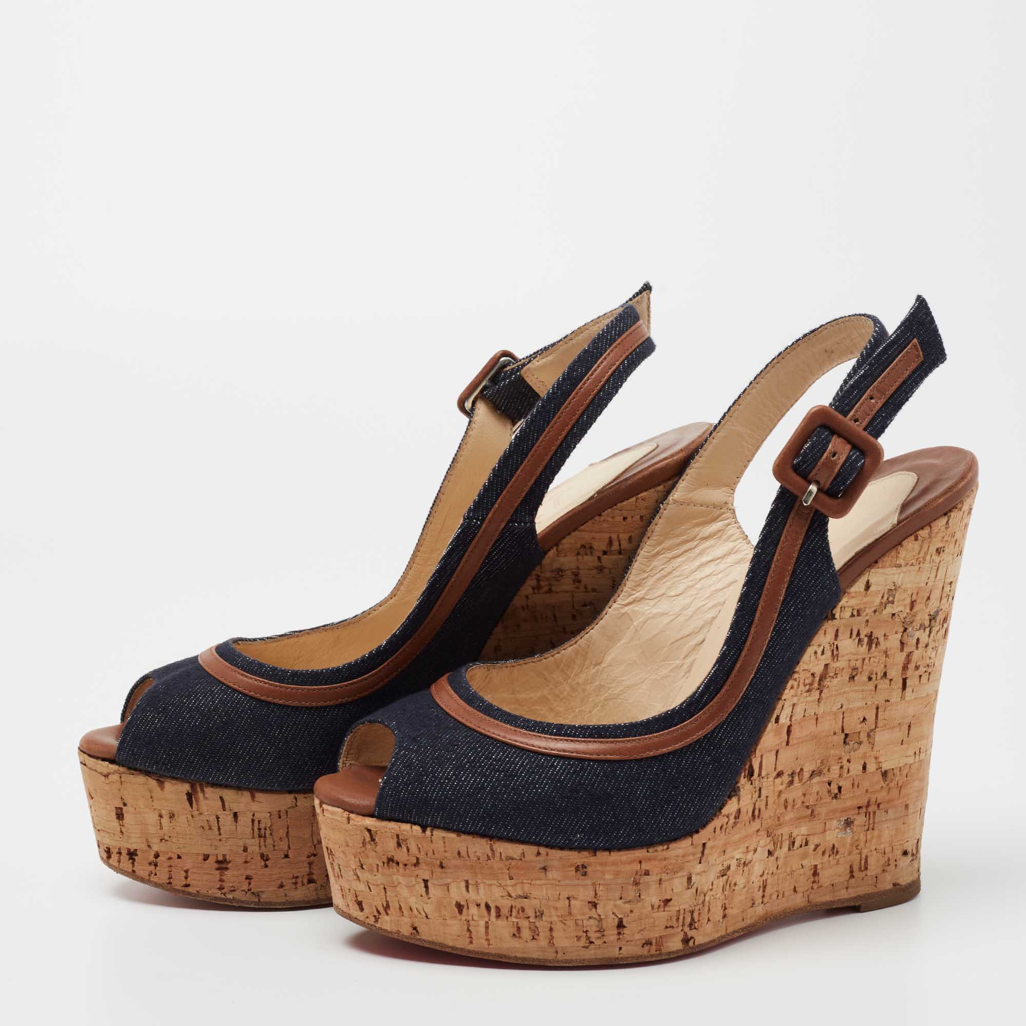 

Christian Louboutin Navy Blue Denim Une Plume Cork Wedge Sandals Size