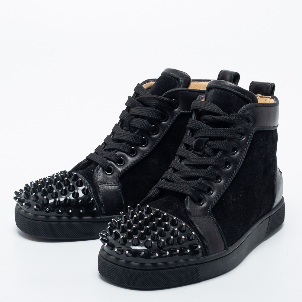 

Christian Louboutin Black Suede, Leather and Patent Louis Crystal Embellished Spikes High Top Sneakers Size