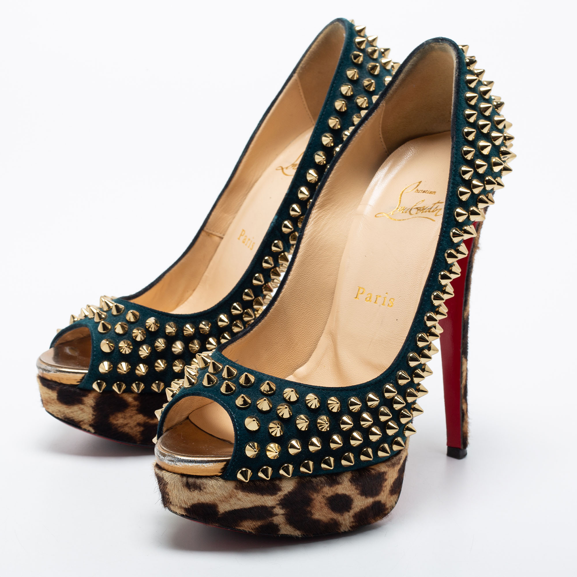 

Christian Louboutin Deep Green Suede Lady Peep Spike Platform Pumps Size