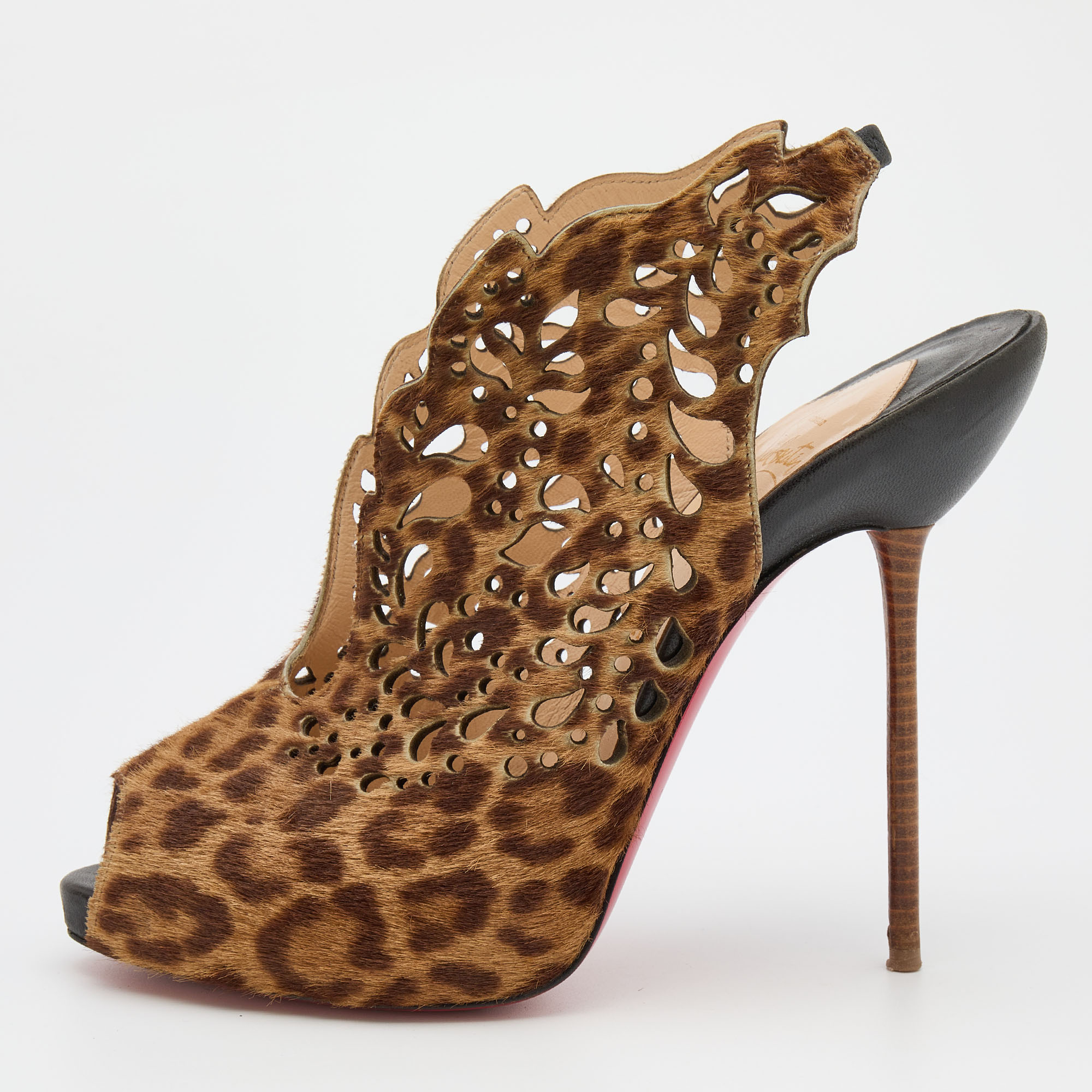

Christian Louboutin Brown Leopard Print Calf Hair Laser Cut Out Markesling Slingback Booties Size