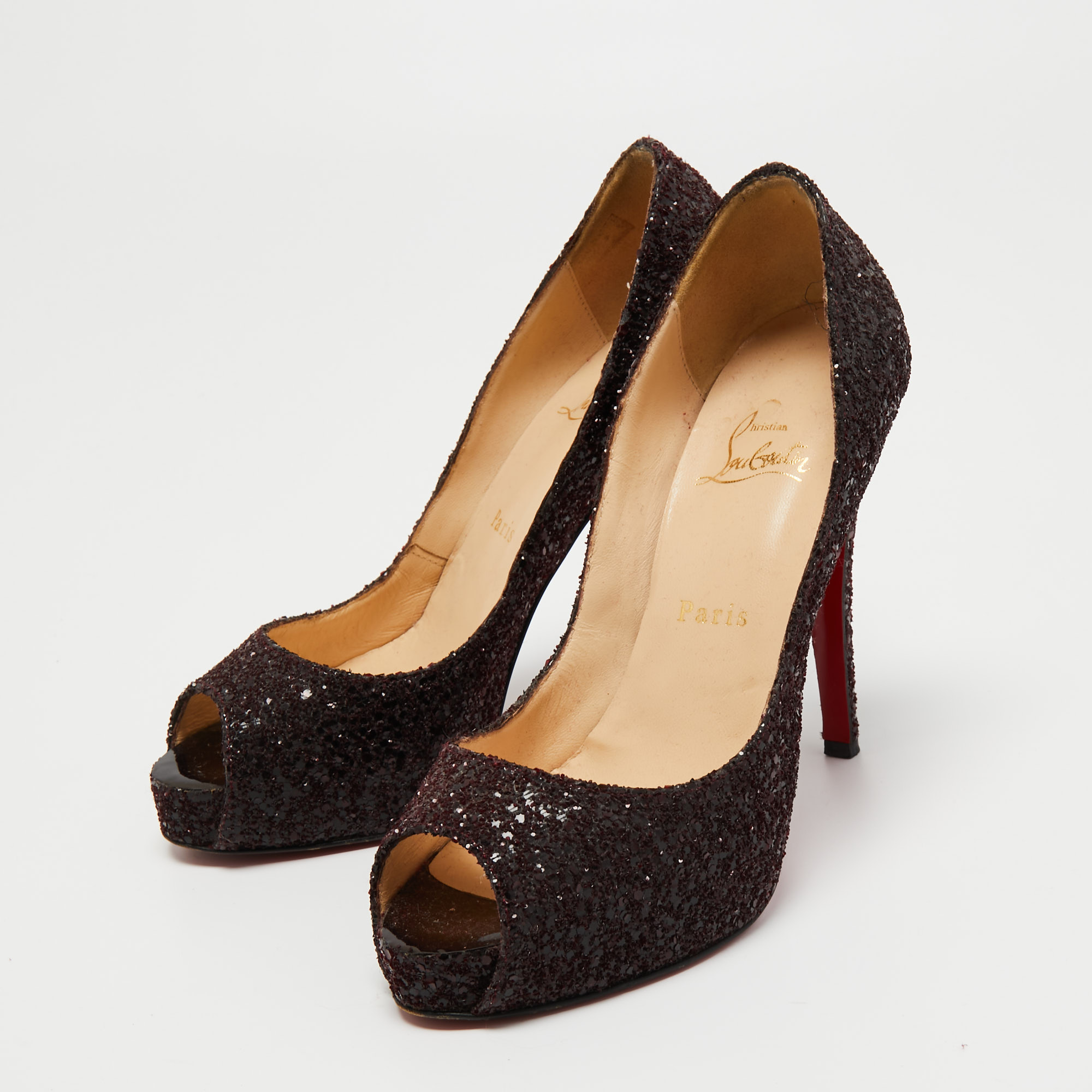 

Christian Louboutin Burgundy Glitter New Prive Pumps Size