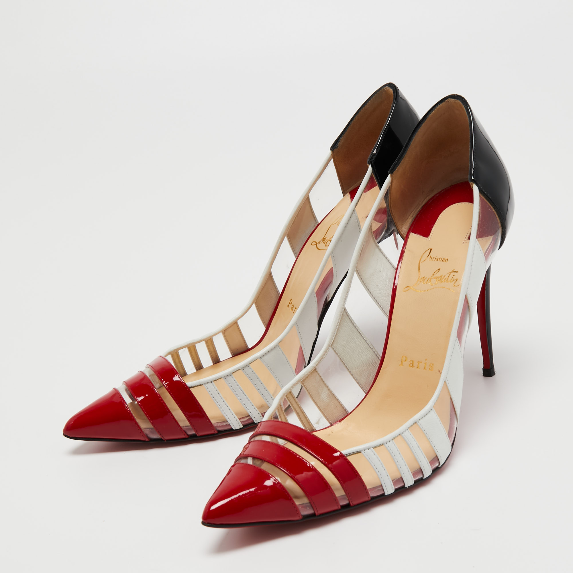 

Christian Louboutin Multicolor PVC and Patent Leather Bandy Stripe 100 Pumps Size