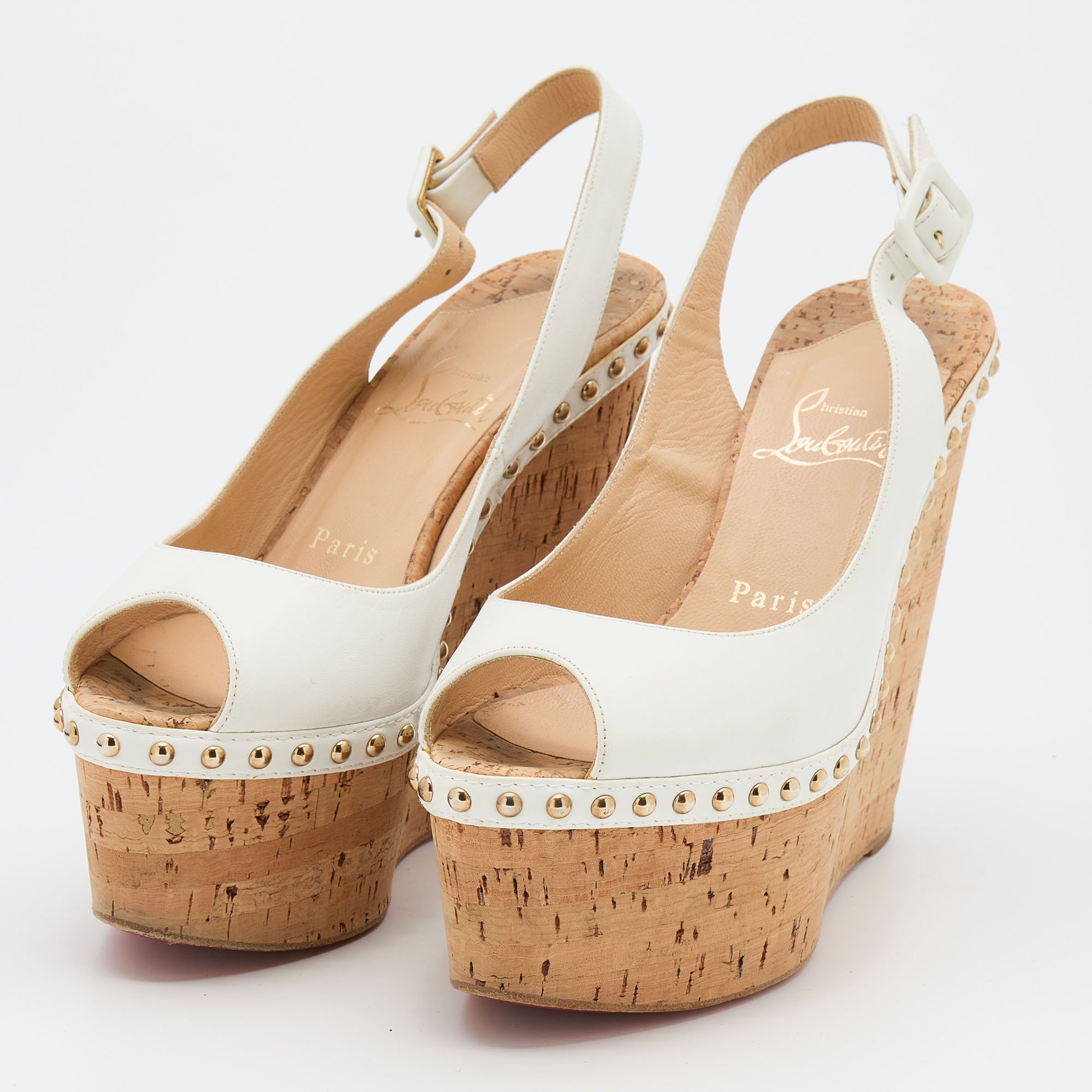 

Christian Louboutin White Leather Monico Slingback Cork Platform Wedge Pumps Size