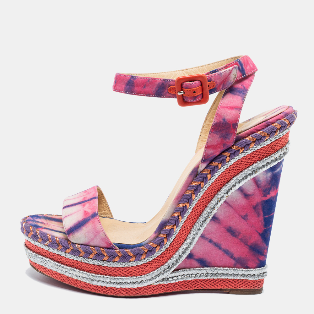 Pre Owned Christian Louboutin Multicolor Fabric Wedge Platform Sandals Size 41