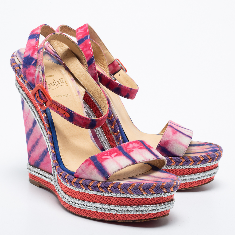 Pre Owned Christian Louboutin Multicolor Fabric Wedge Platform Sandals Size 41