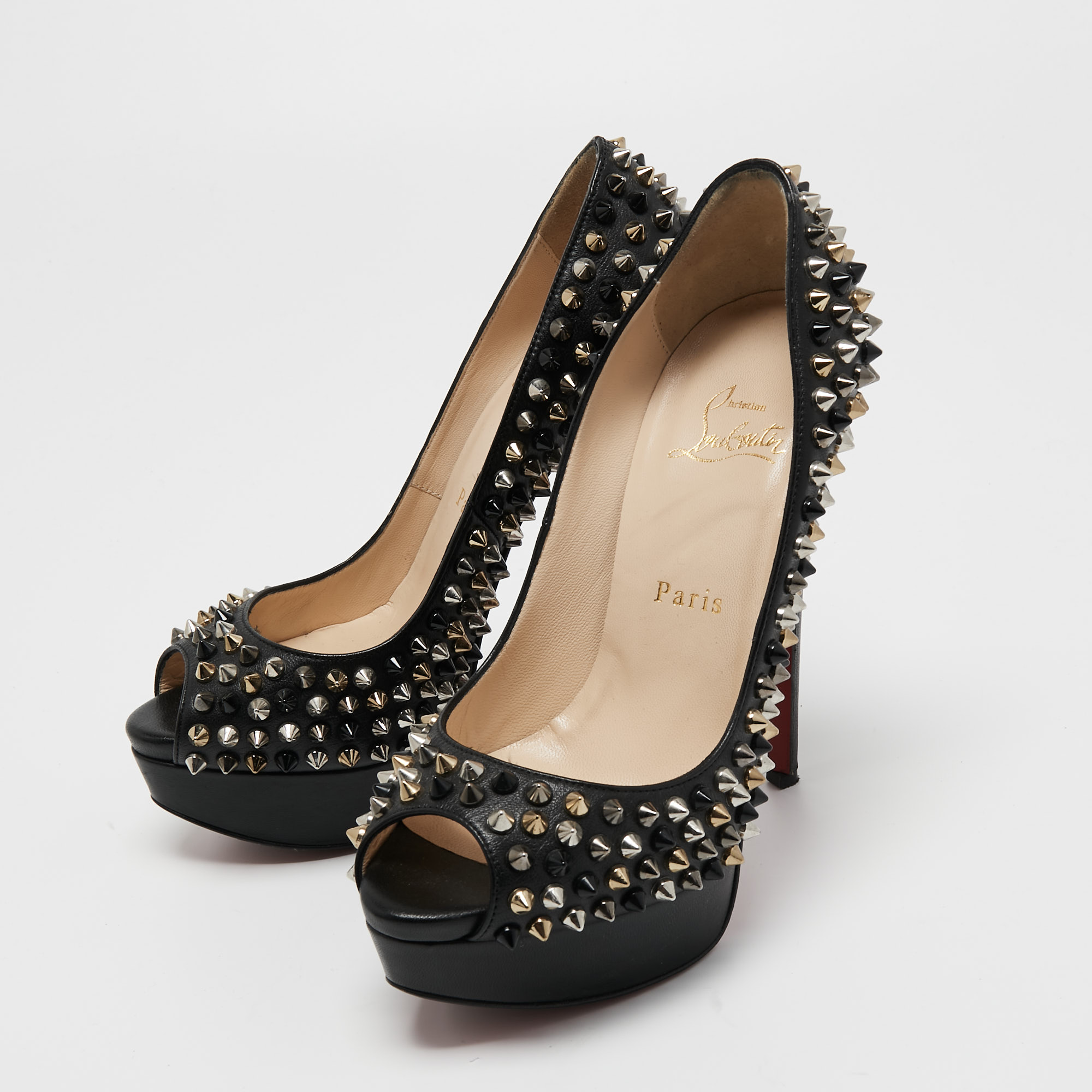 

Christian Louboutin Black Leather Lady Peep Spikes Platform Pumps Size