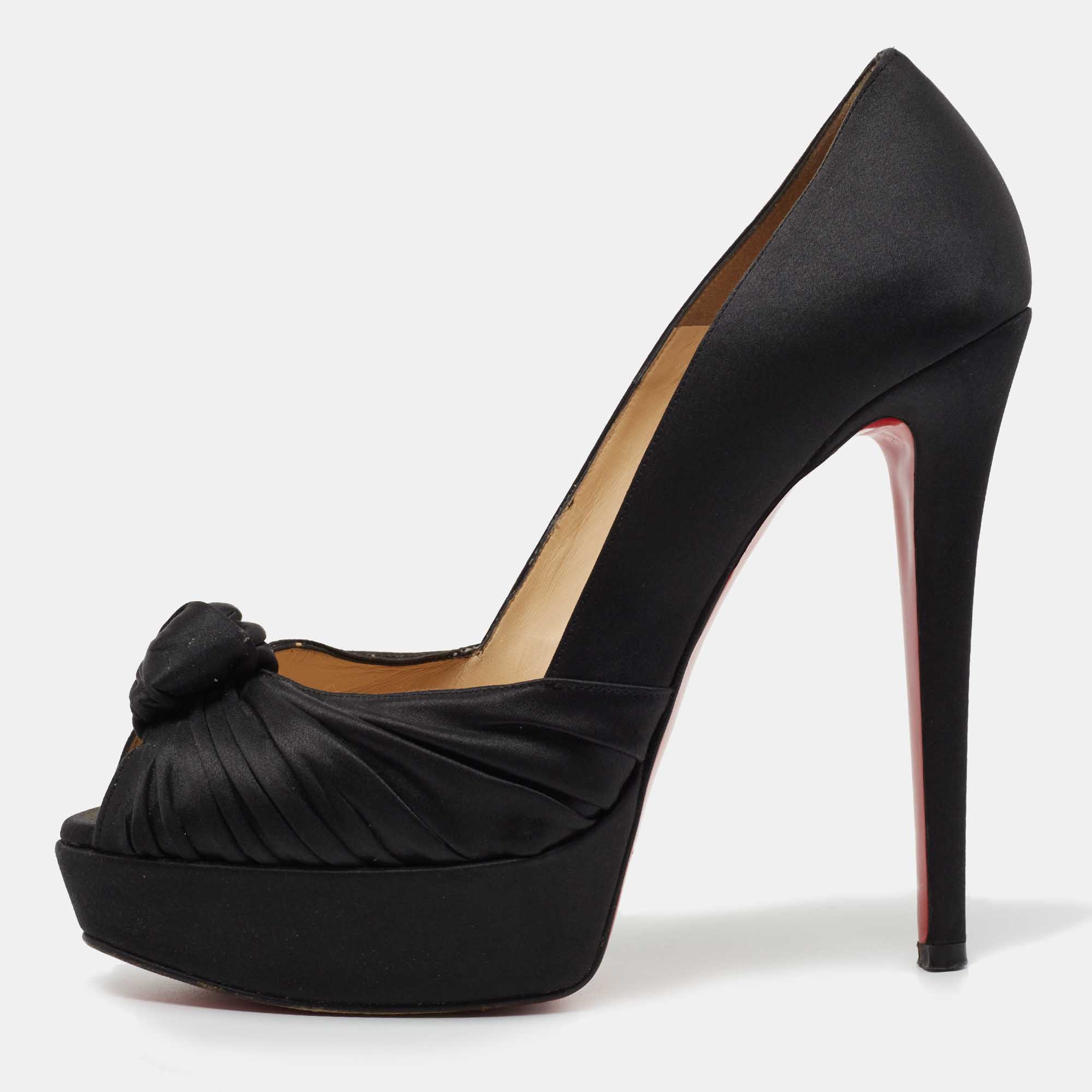 Pre-owned Christian Louboutin Black Satin Knotted Greissimo Platform Pumps Size 38