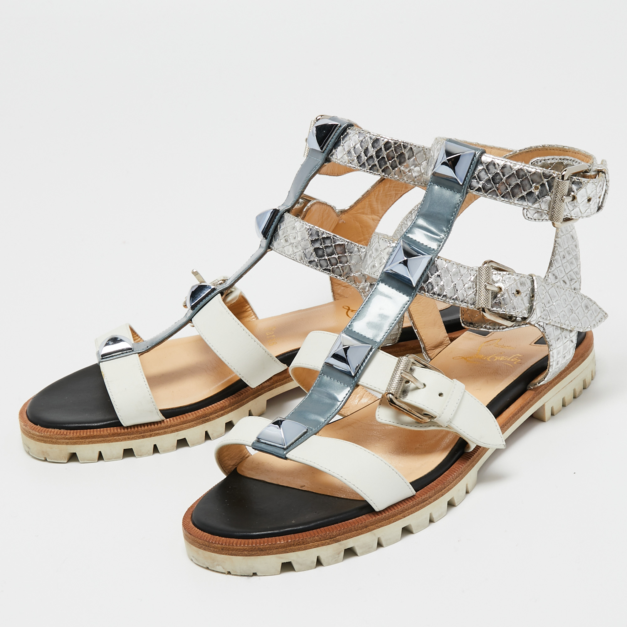 

Christian Louboutin Tricolor Leather and Python Embossed Studded Rock N Buckle Flat Sandals Side, White