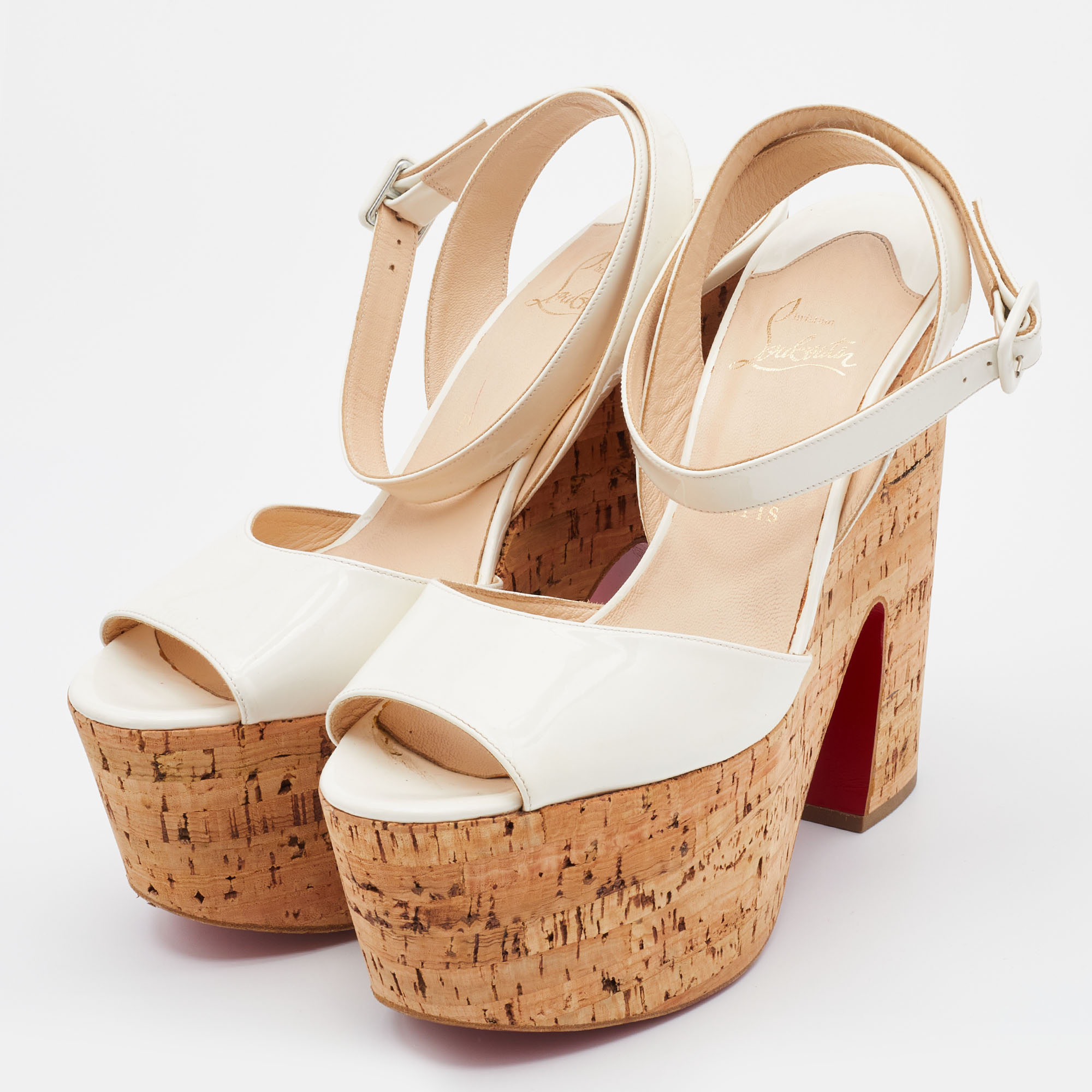 

Christian Louboutin White Patent Leather Cork Wedge Super Dombasle Sandals Size
