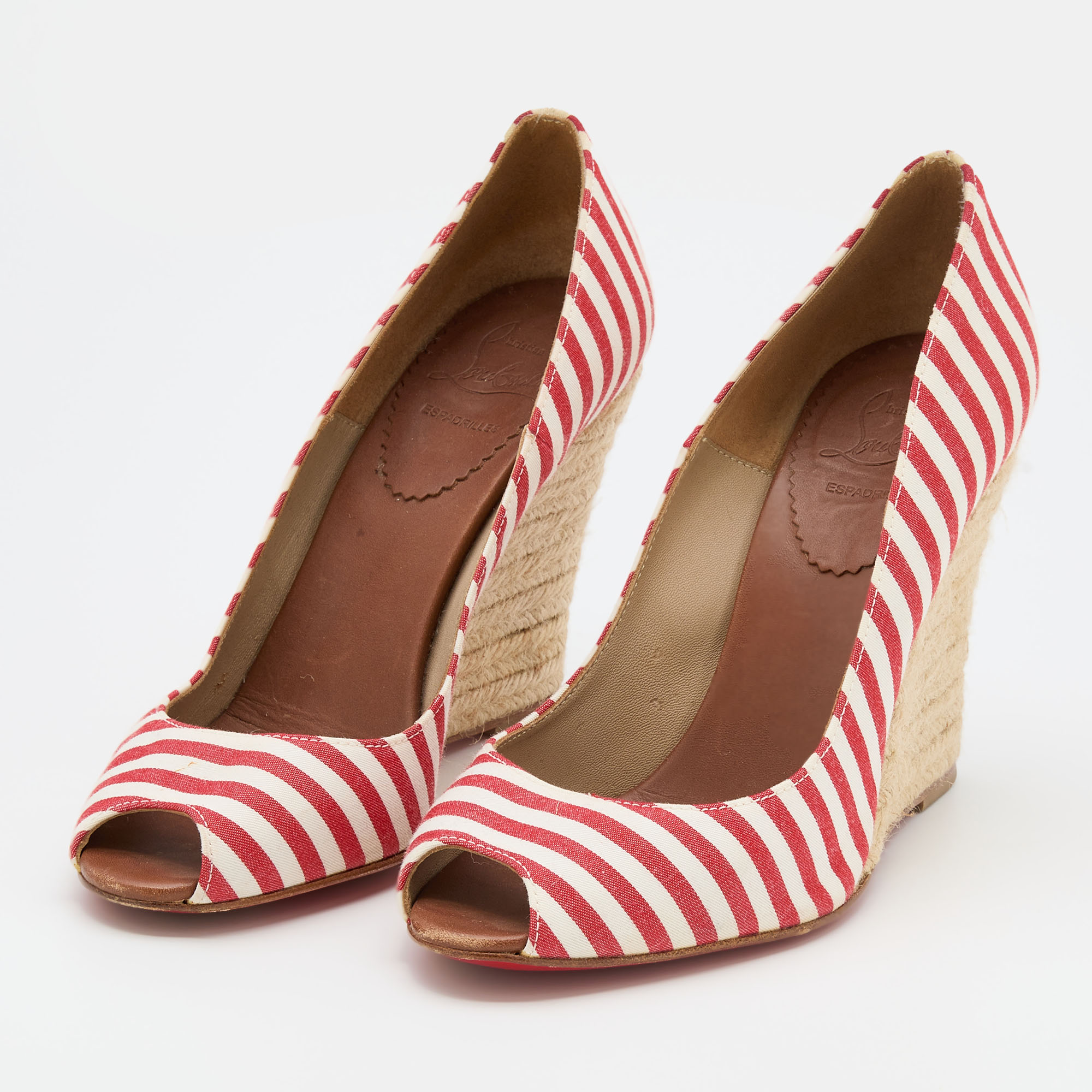 

Christian Louboutin White/Red Stripe Fabric Pepi Espadrille Peep Toe Wedge Pumps Size