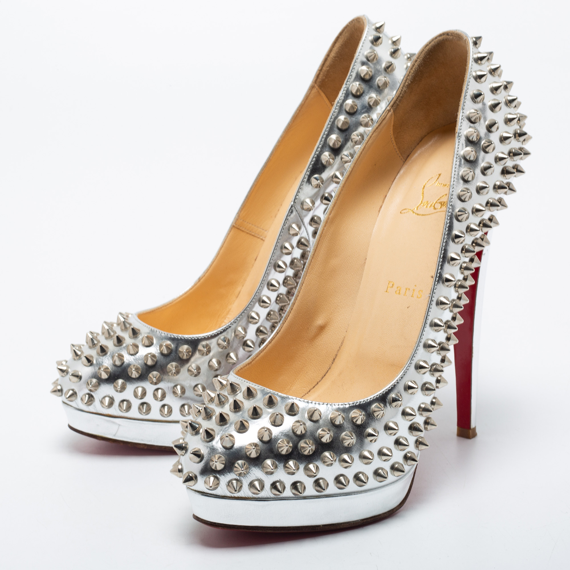 

Christian Louboutin Silver Leather Alti Spike Pumps Size