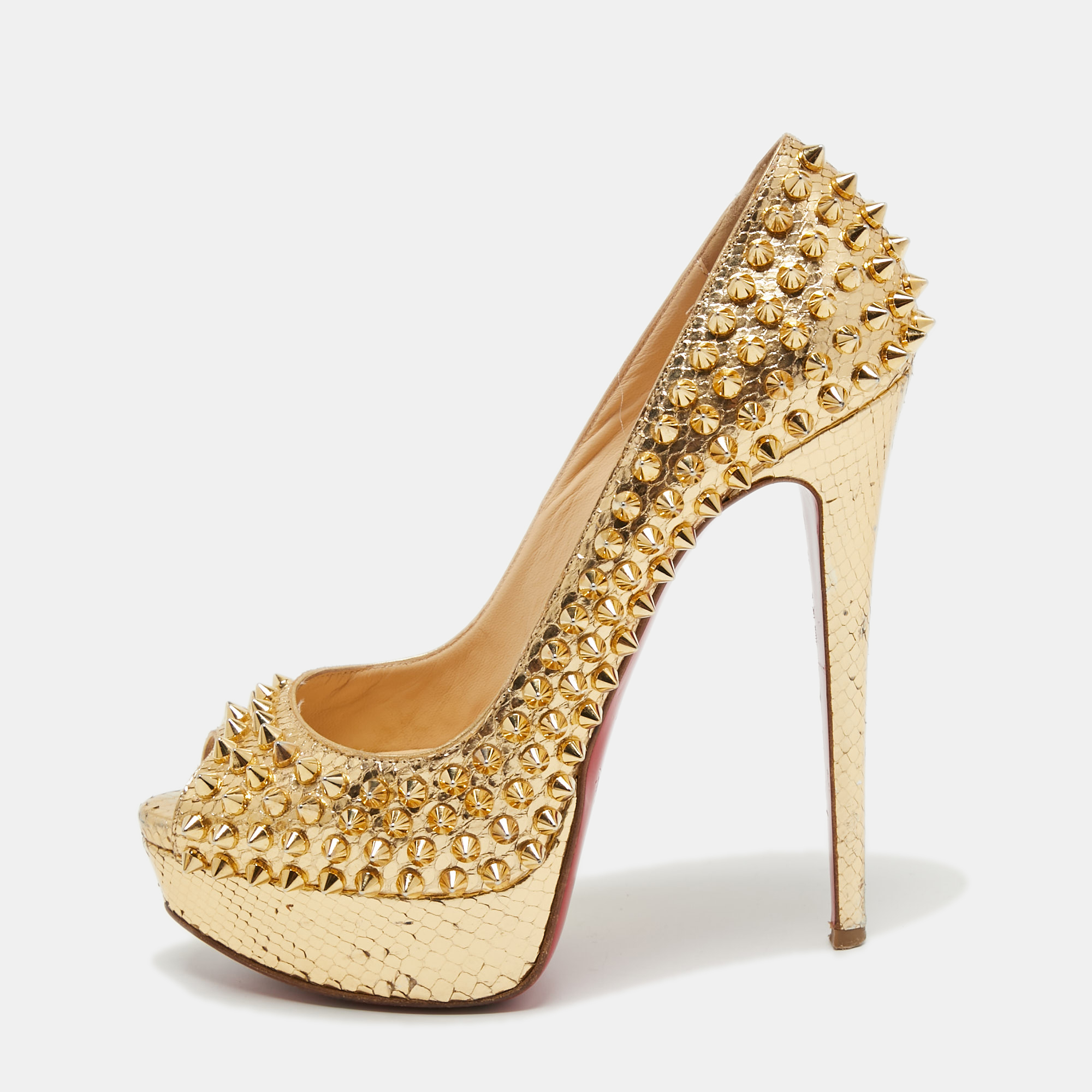 Pre-owned Christian Louboutin Gold Python Leather Lady Peep Toe Spikes Platform Pumps Size 36.5