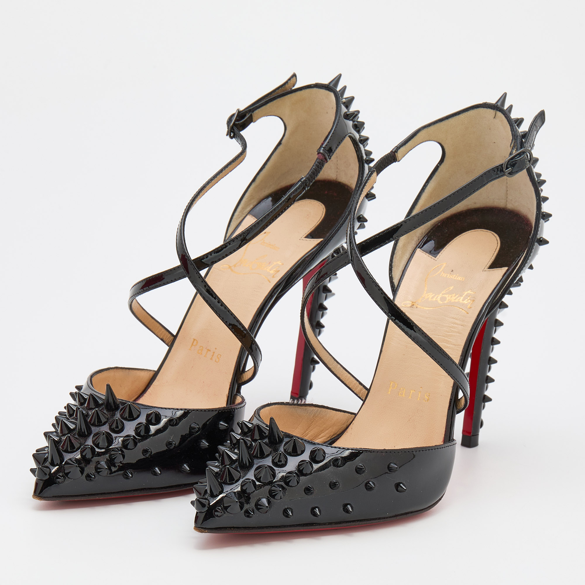 

Christian Louboutin Black Patent Leather Goldocross Spike Pumps Size