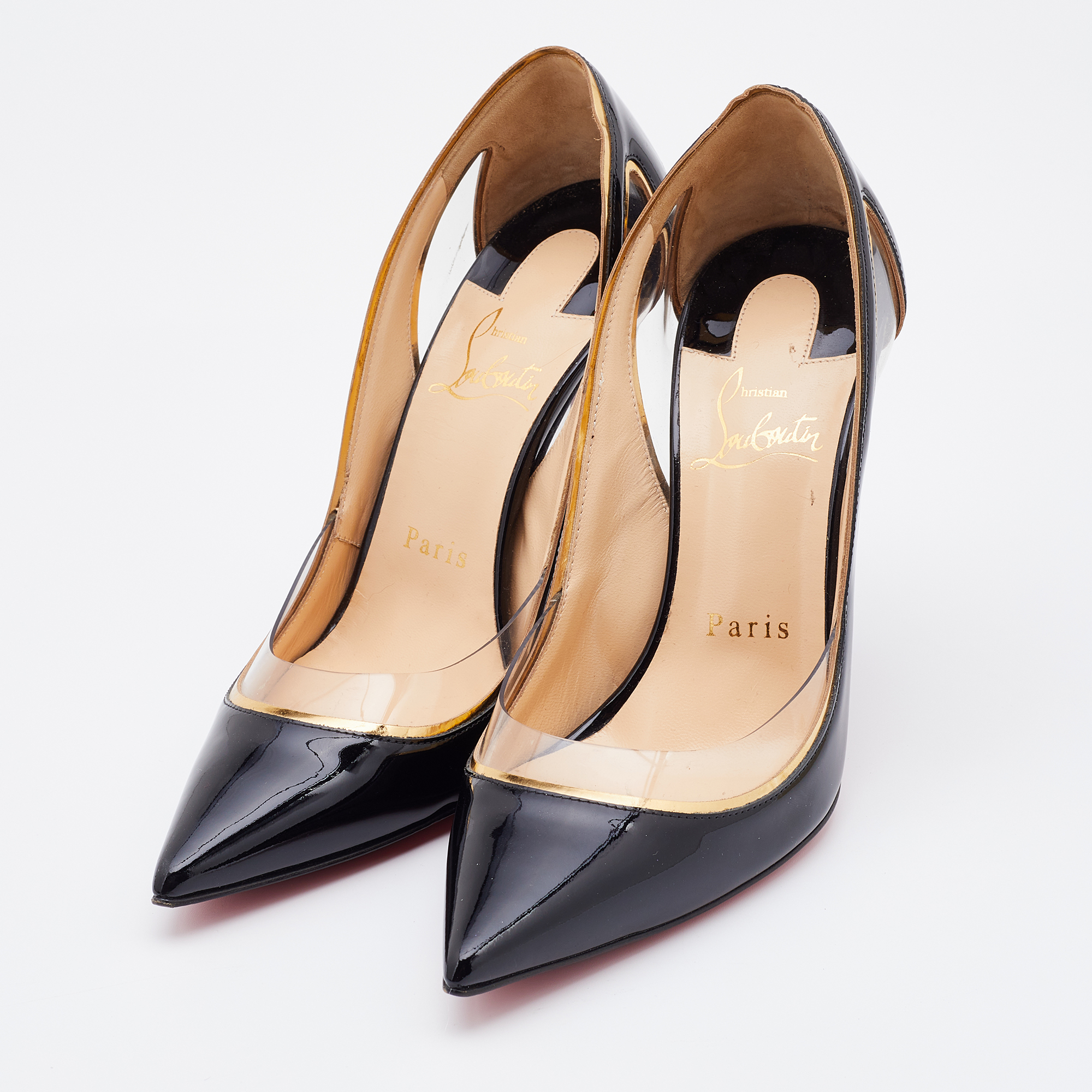 

Christian Louboutin Black/Gold Patent Leather and PVC Cosmo Pointed Toe Pumps Size