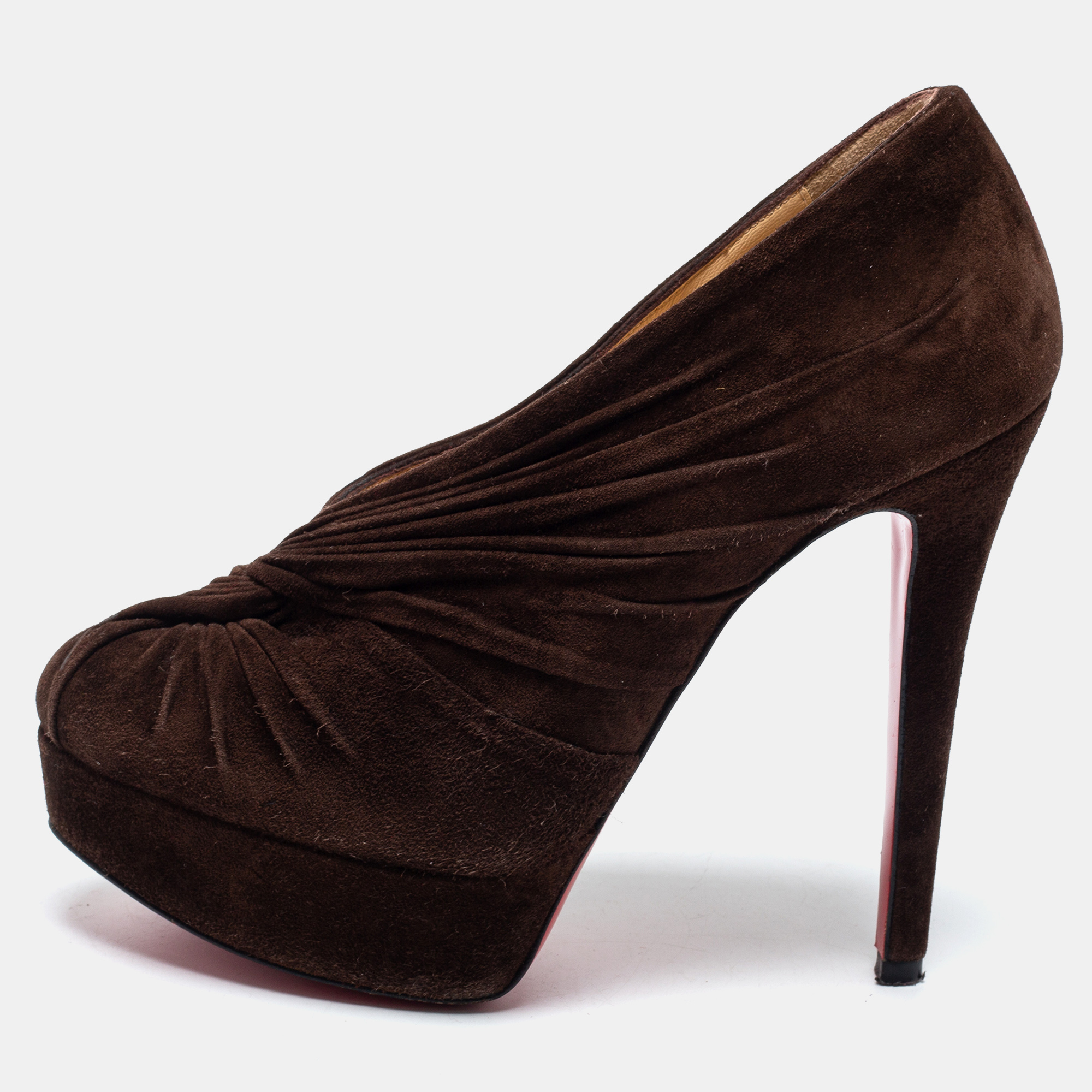 Pre-owned Christian Louboutin Brown Pleated Suede Platform Ankle Booties Size 35.5