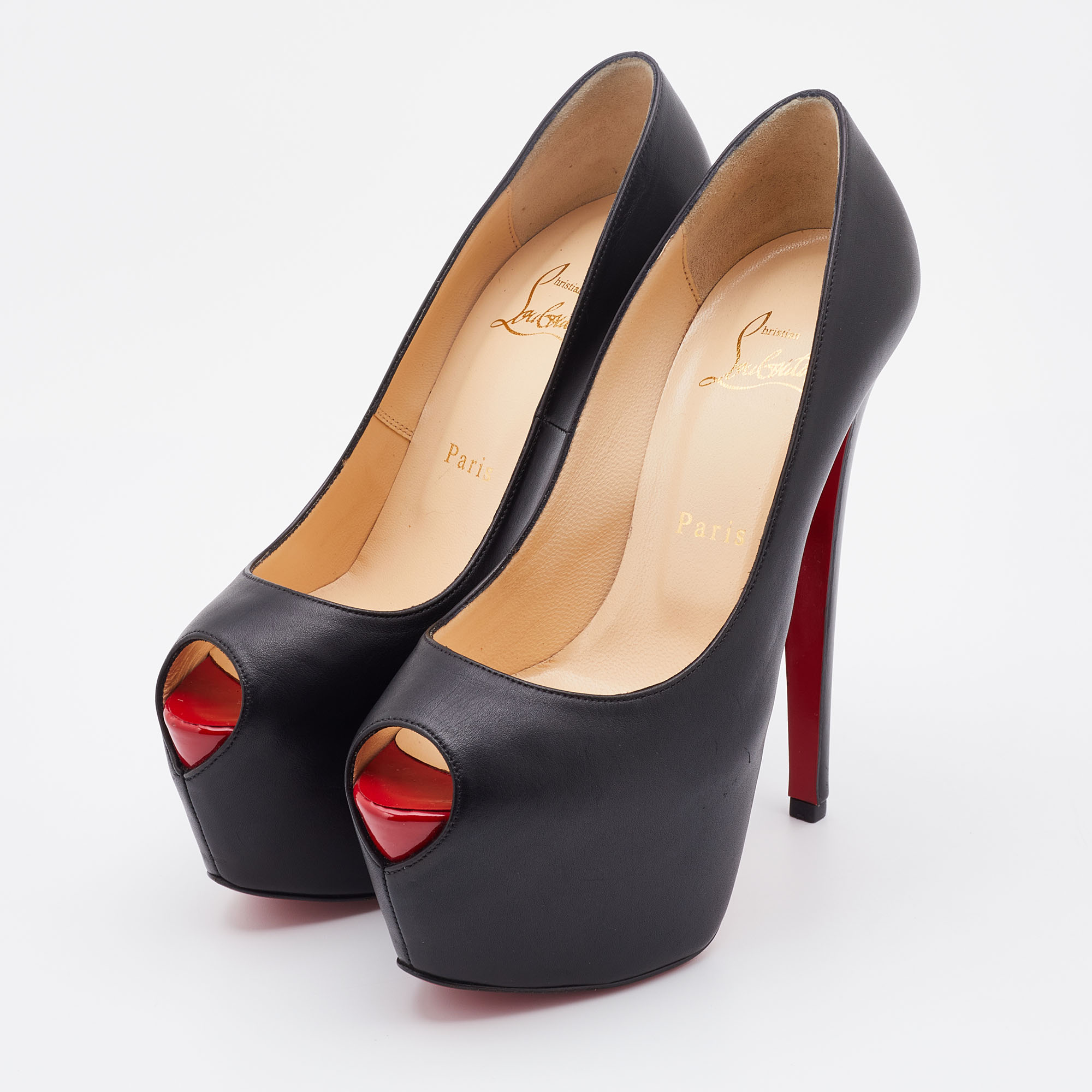 

Christian Louboutin Black Leather Highness Peep Toe Platform Pumps Size