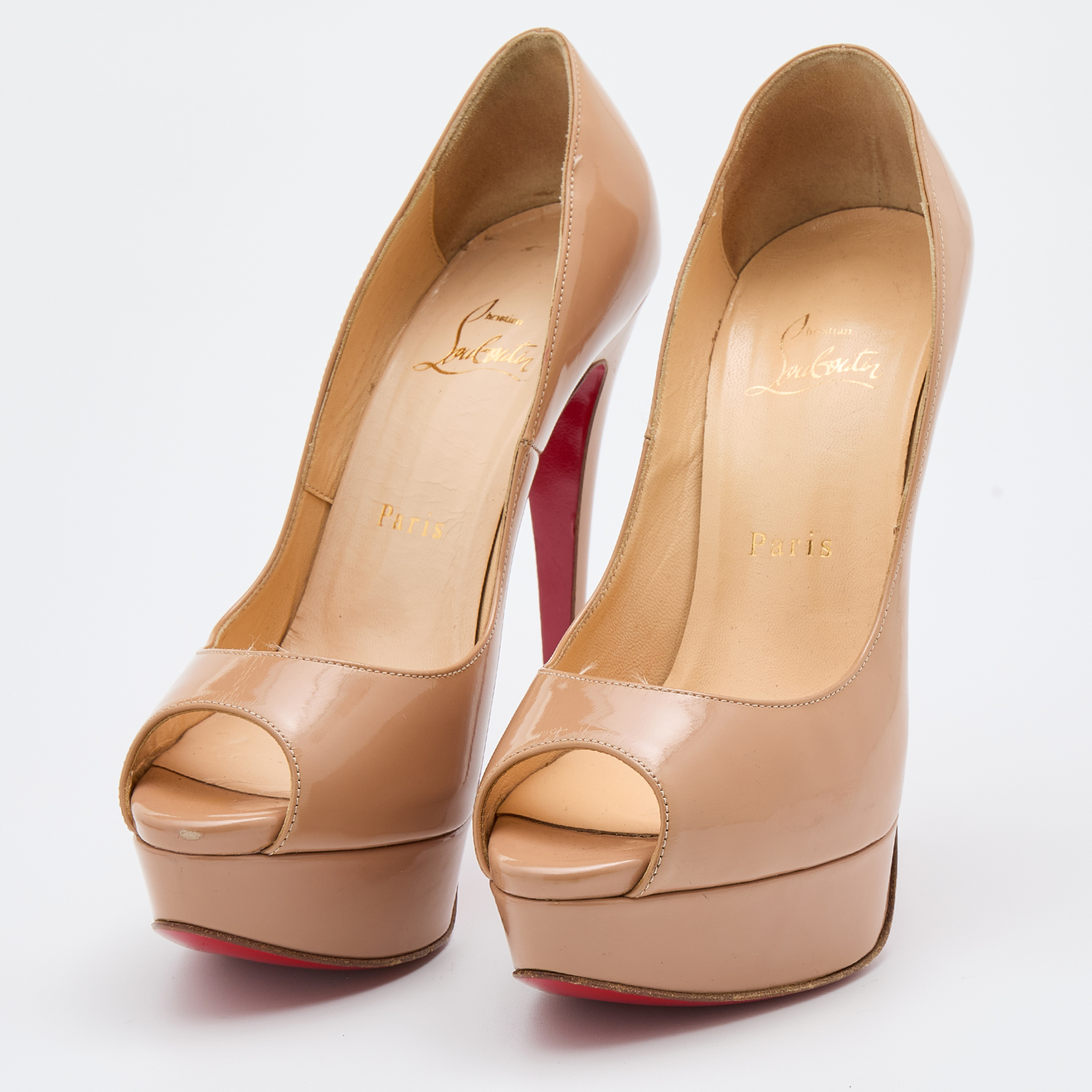 

Christian Louboutin Beige Patent Leather Lady Peep Toe Platform Pumps Size