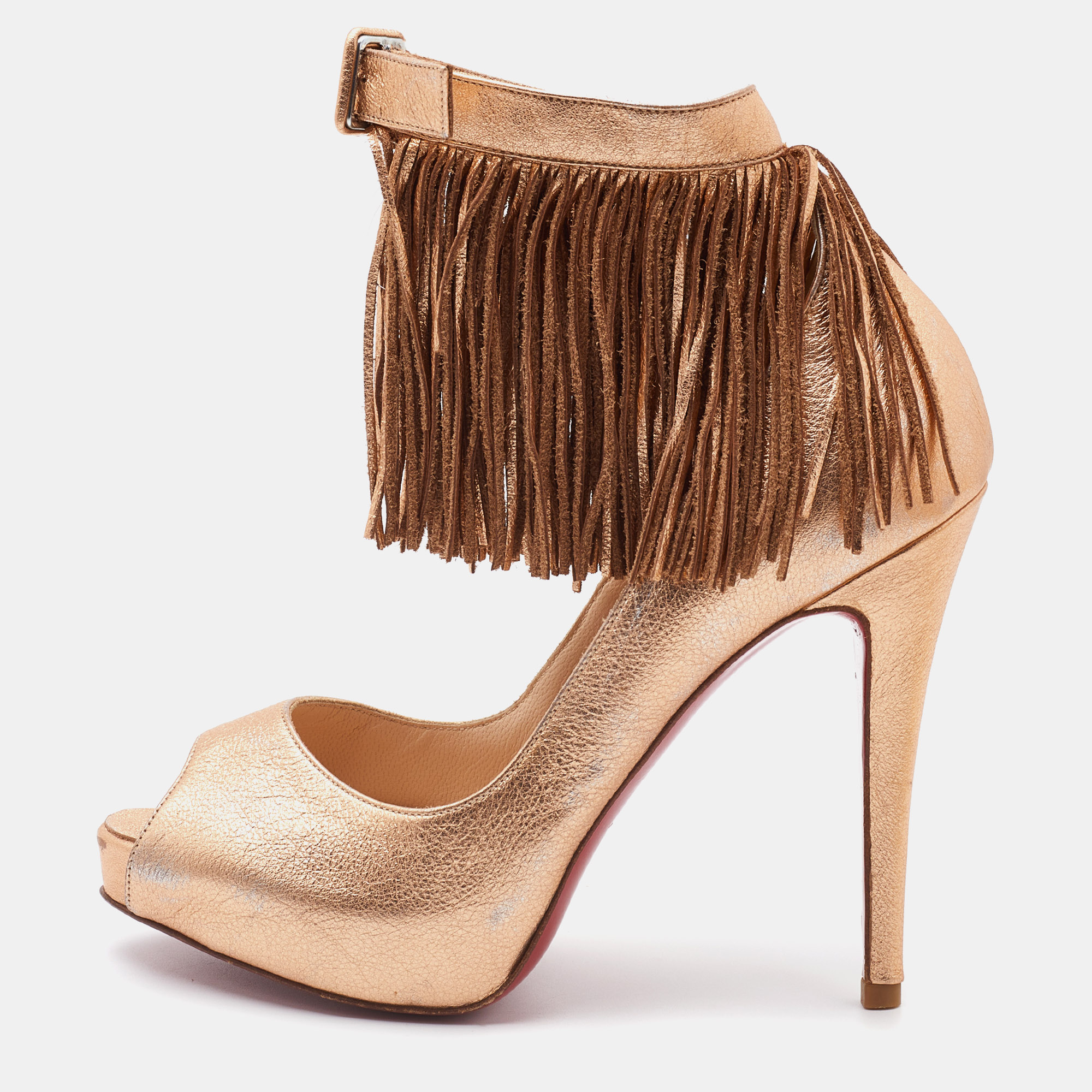 Pre-owned Christian Louboutin Gold Leather Tina Fringe Detail Ankle Strap Pumps Size 37 In Metallic
