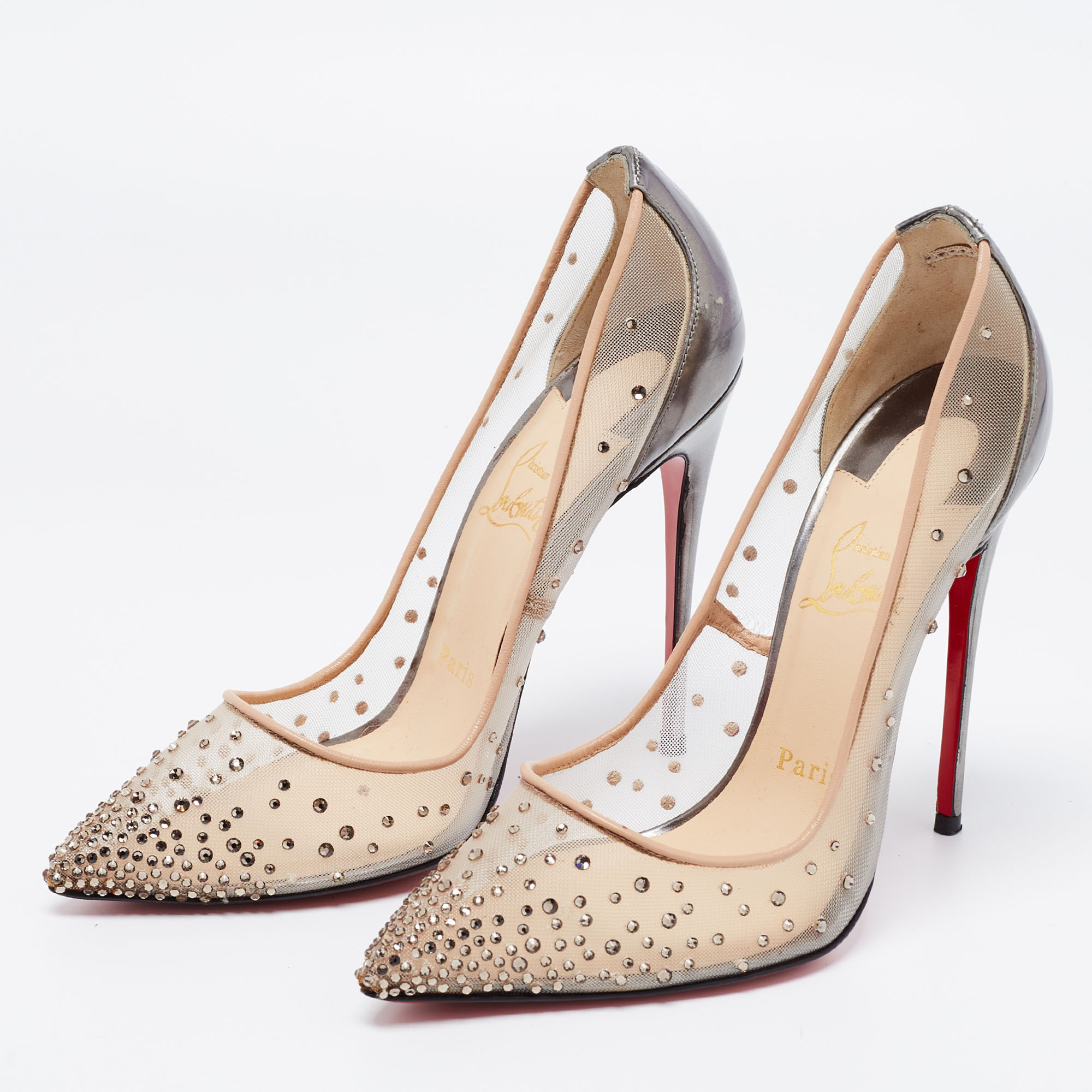 

Christian Louboutin Metallic Grey Leather and Mesh Follies Strass Pumps Size