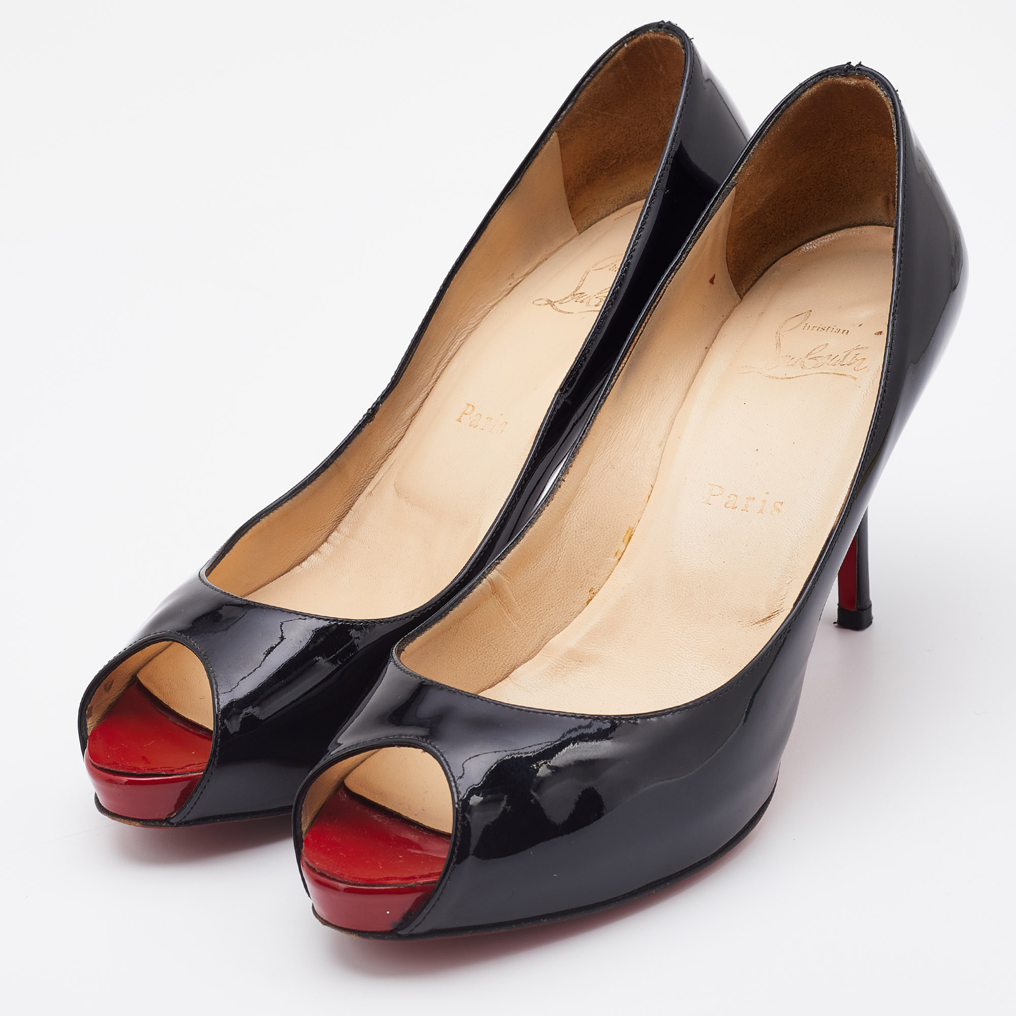 

Christian Louboutin Black Patent Leather New Prive Peep Toe Pumps Size