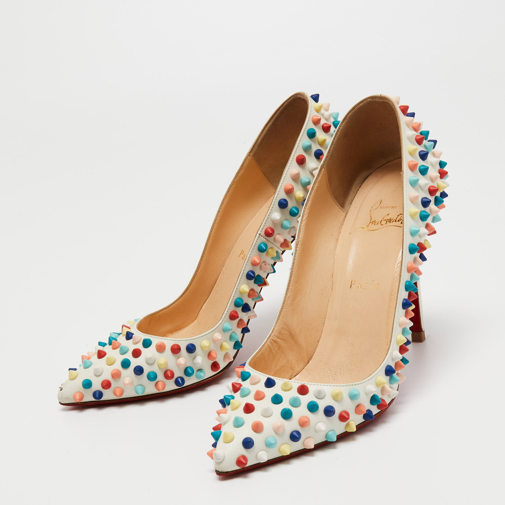 

Christian Louboutin White Leather Pigalle Spikes Pumps Size