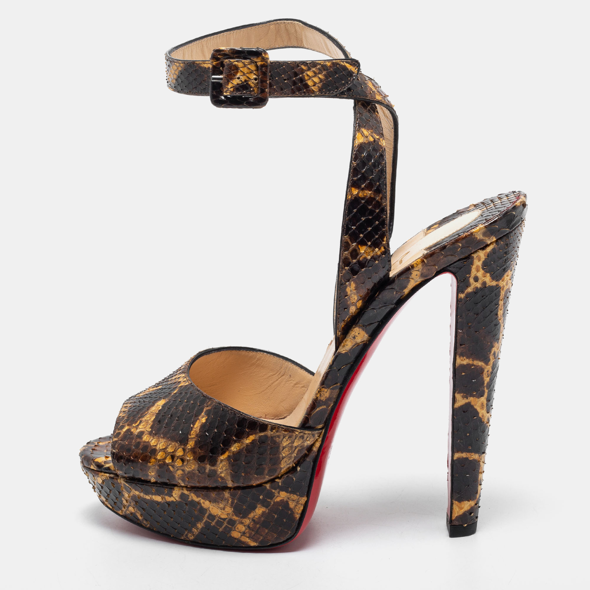 Pre-owned Christian Louboutin Brown/yellow Python Leather Peep Toe Platform Ankle Strap Sandals Size 39