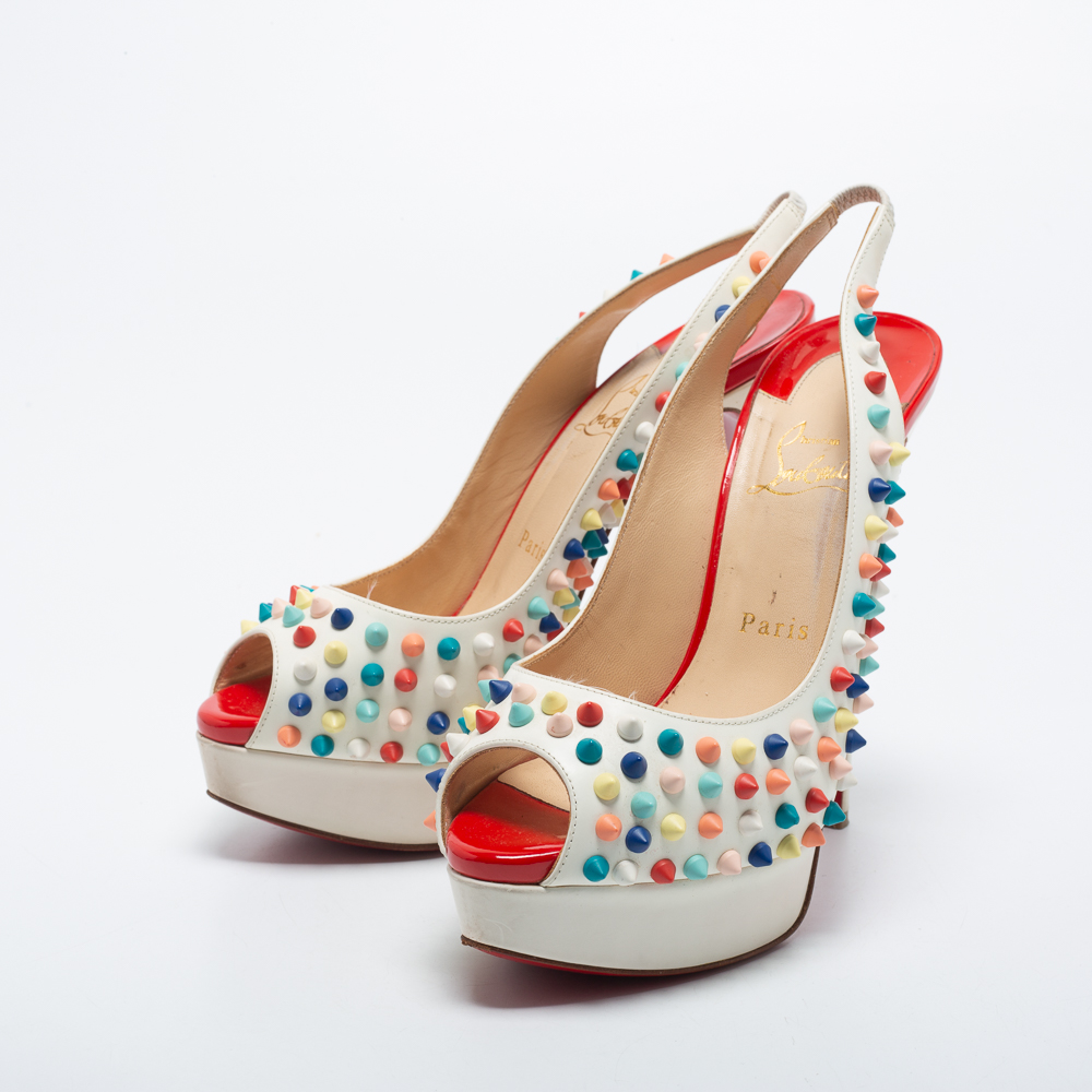 

Christian Louboutin White Leather Lady Peep Multicolor Spikes Slingback Pumps Size