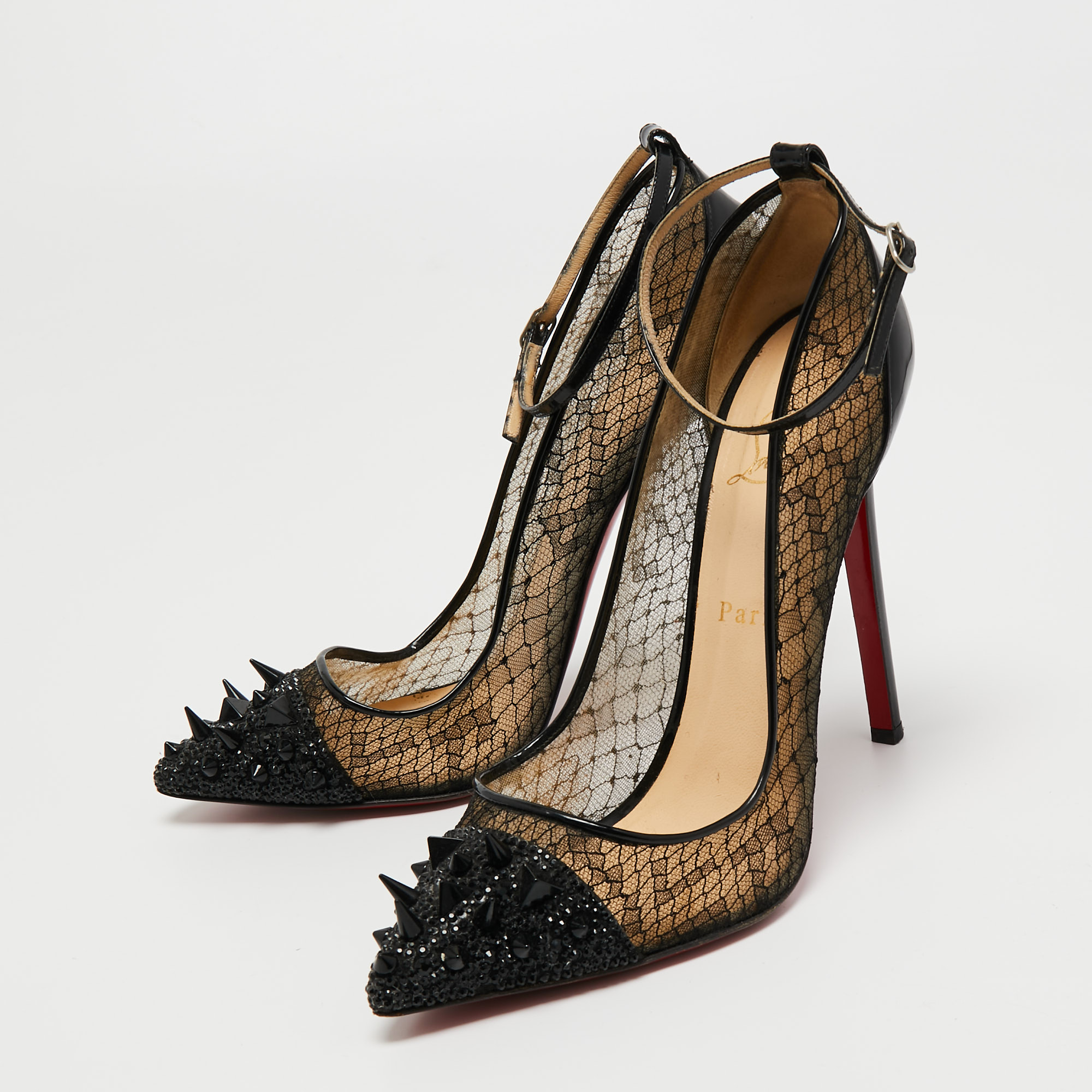 

Christian Louboutin Black Lace, Patent Leather and Embellished Suede Picks & Co Potpourri Ankle Strap Pumps Size