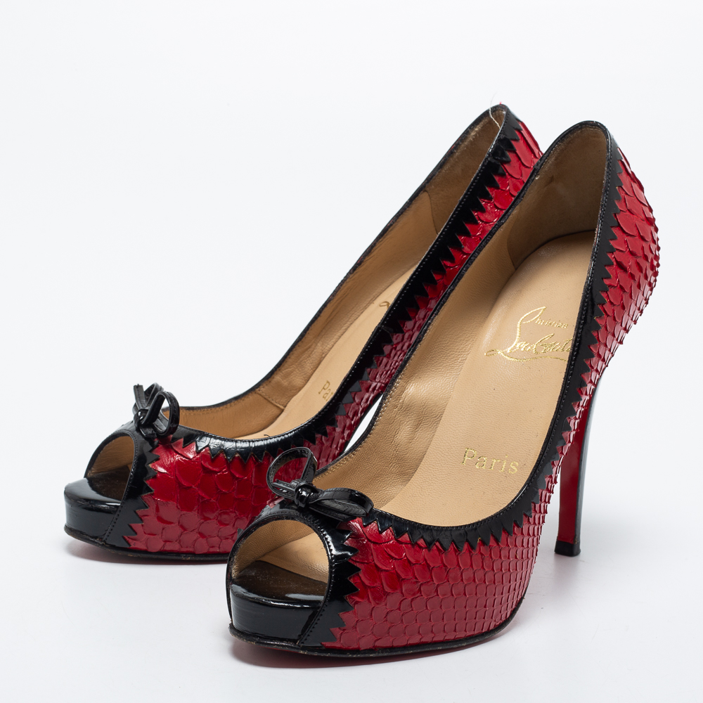 

Christian Louboutin Red Python Leather Bow Very Prive Peep Toe Pumps Size