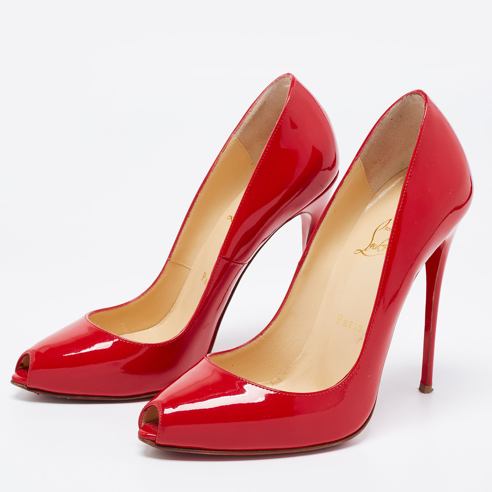 

Christian Louboutin Red Patent Tibur Peep Toe Pumps Size