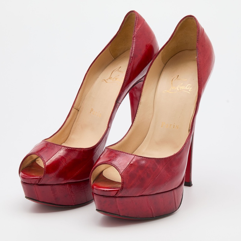 

Christian Louboutin Red Eel Leather Lady Peep Toe Platform Pumps Size