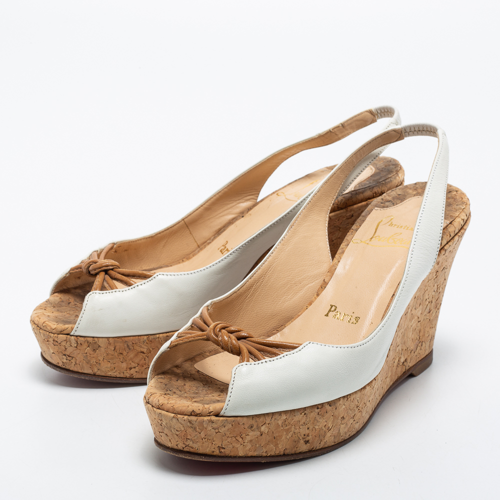 

Christian Louboutin White/Brown Leather Cork Wedge Slingback Pumps Size
