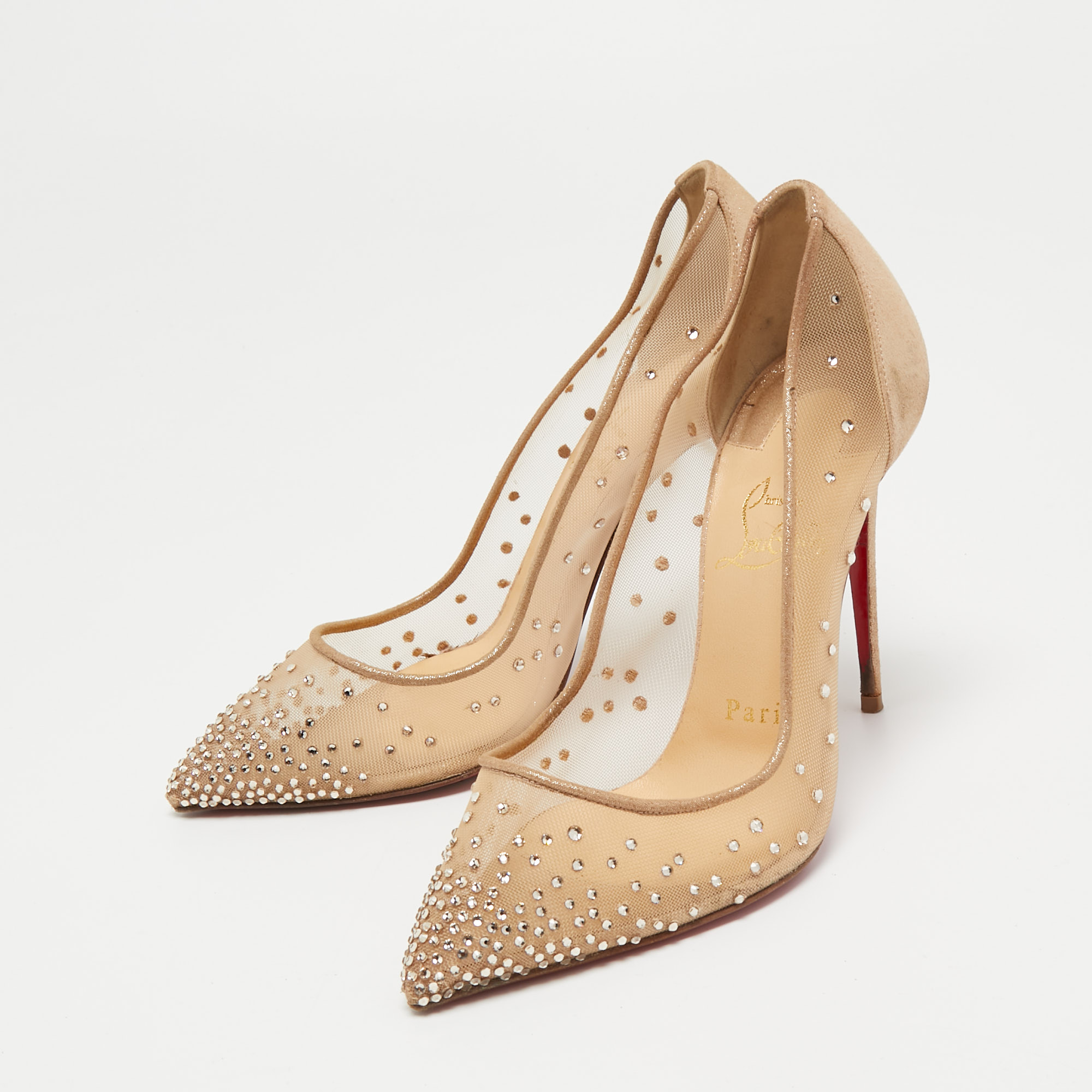 

Christian Louboutin Beige Crystal Embellished Mesh and Laminated Suede Follies Strass Pumps Size
