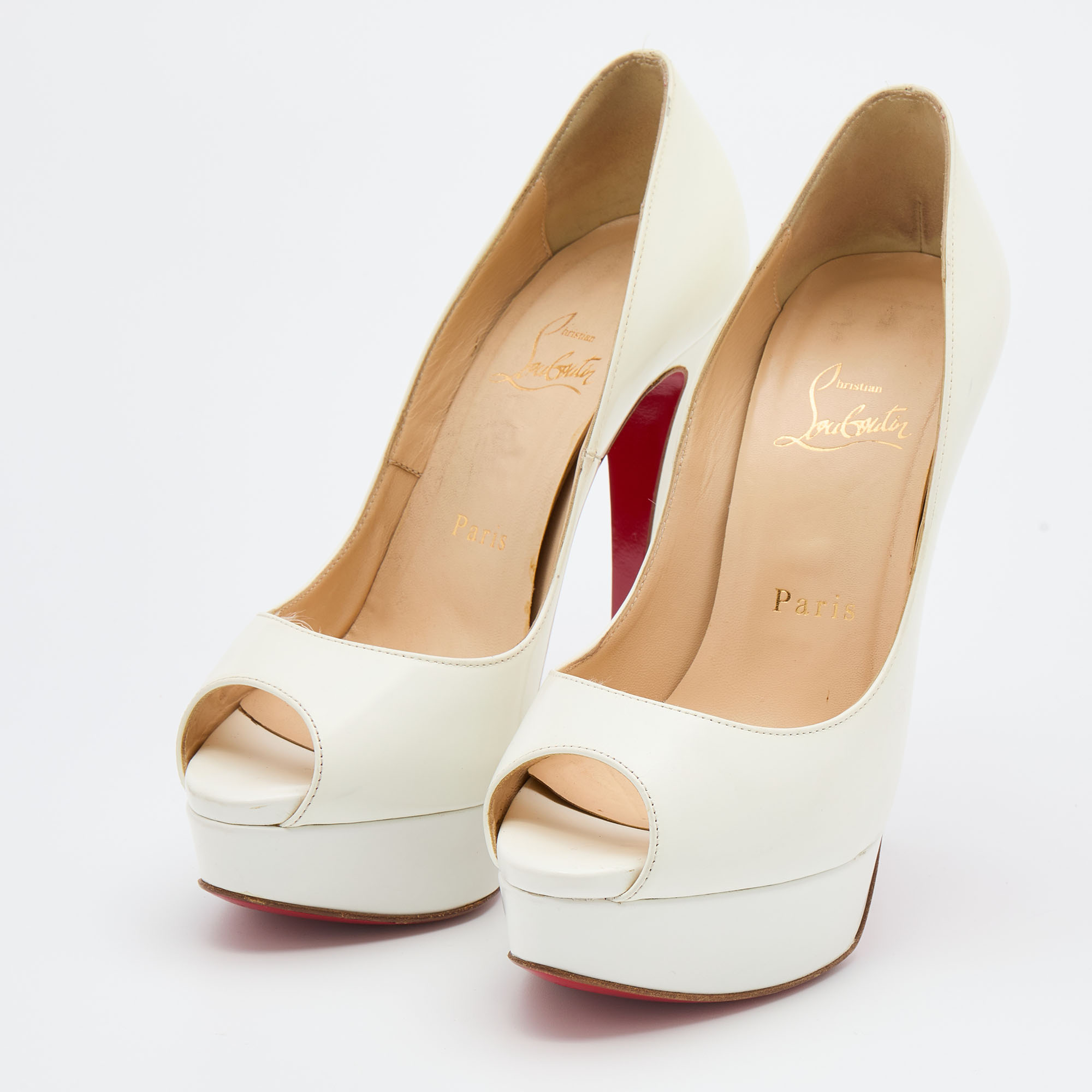 

Christian Louboutin White Leather Lady Peep Toe Platform Pumps Size