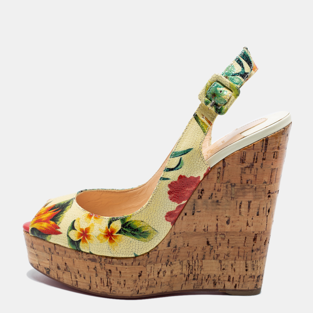 Pre-owned Christian Louboutin Multicolor Floral Print Leather Cork Wedge Pumps Size 38.5