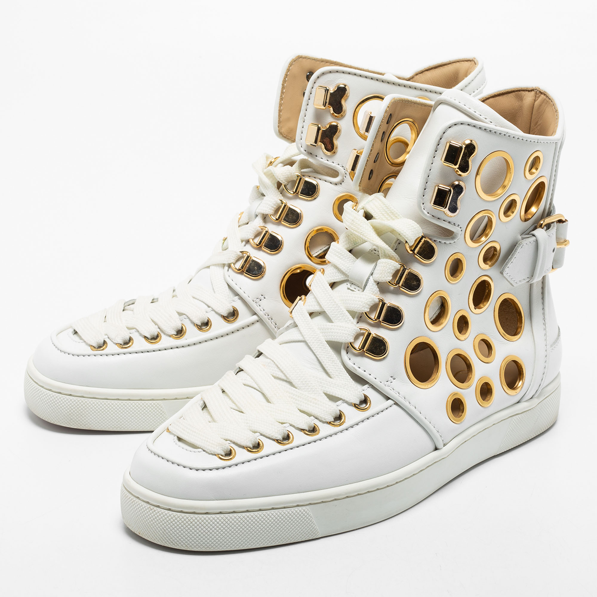 

Christian Louboutin White Leather Alfibully High Top Sneakers Size
