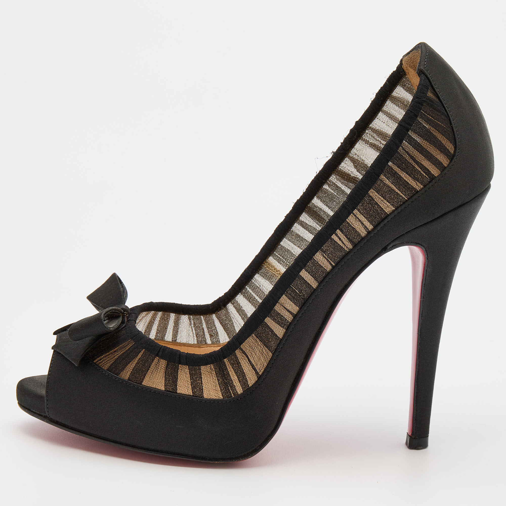 Pre-owned Christian Louboutin Black Satin And Fabric Angelique Bow Peep Toe Pumps Size 36.5