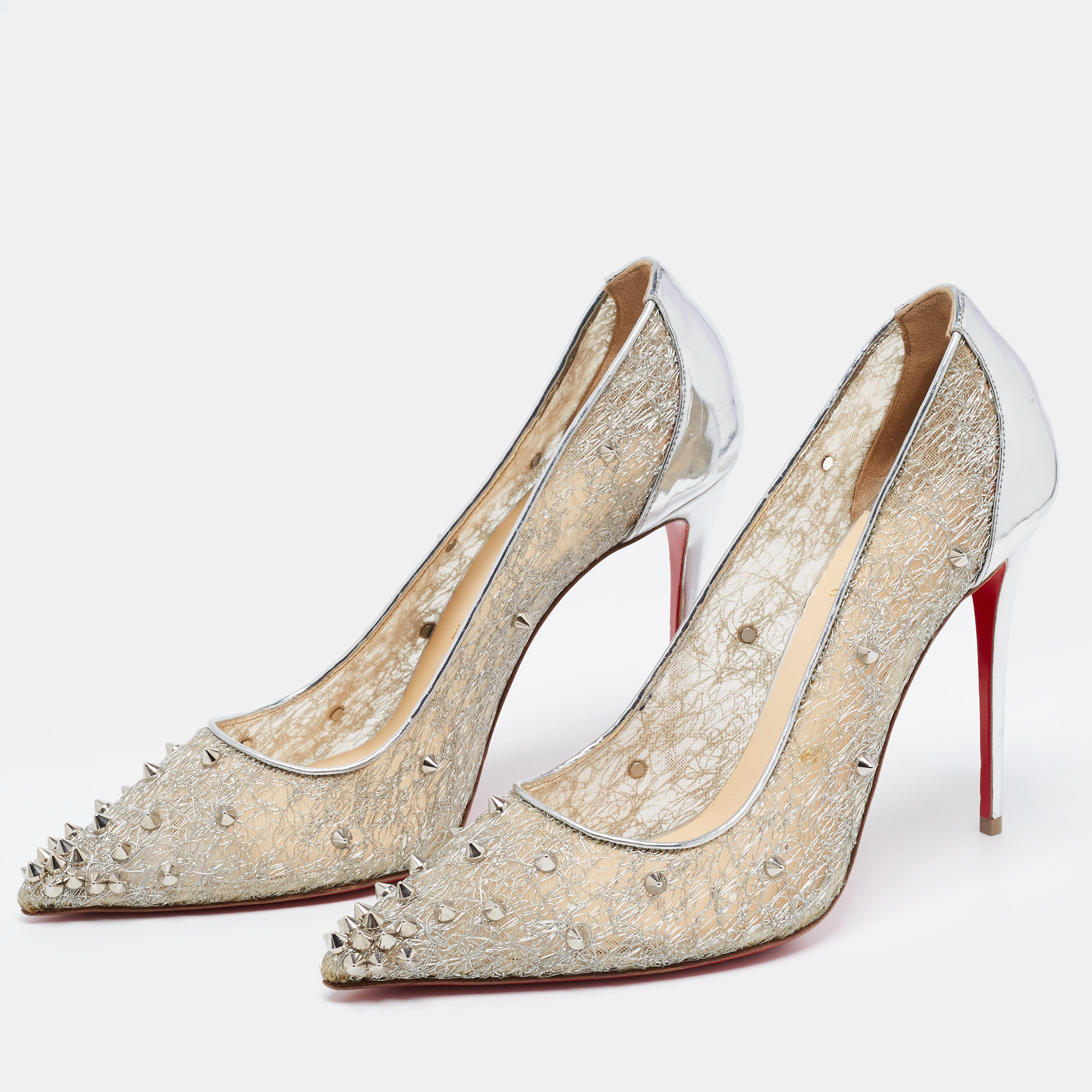 

Christian Louboutin Silver Lace and Leather Spike Decollete Pumps Size