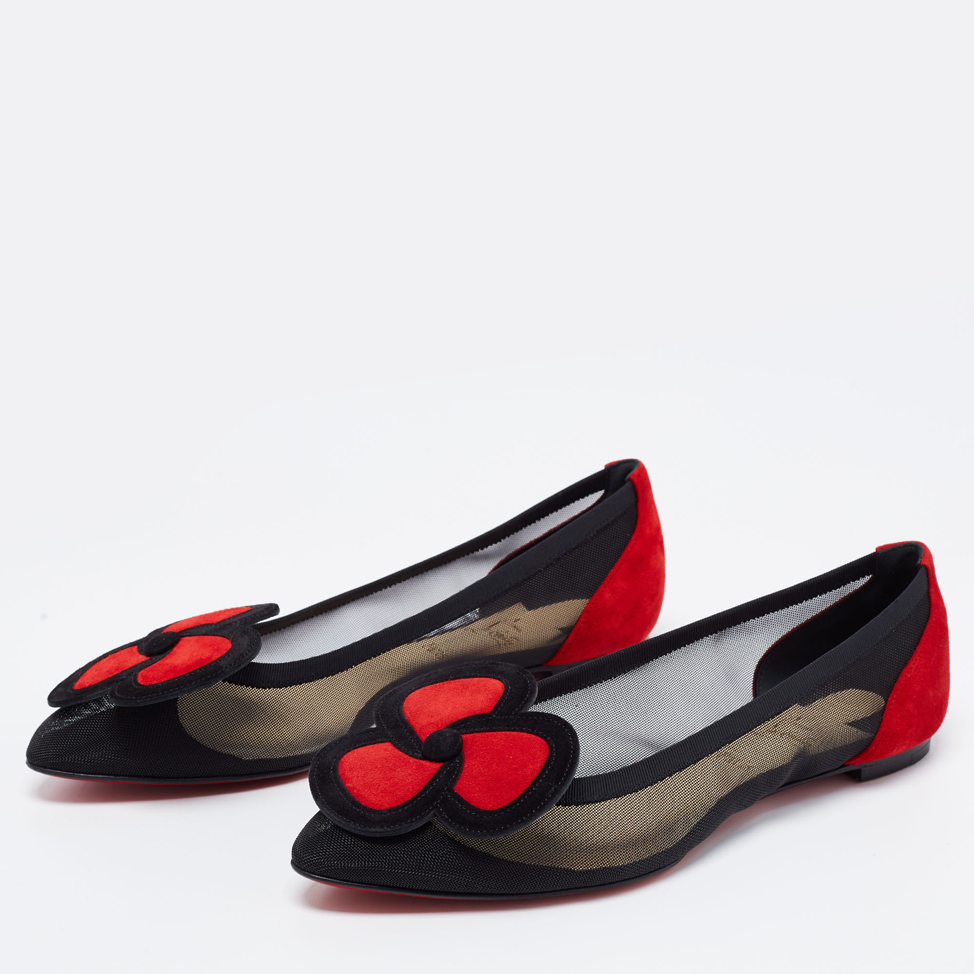 

Christian Louboutin Black/Red Mesh and Suede Pansy Town Ballet Flats Size