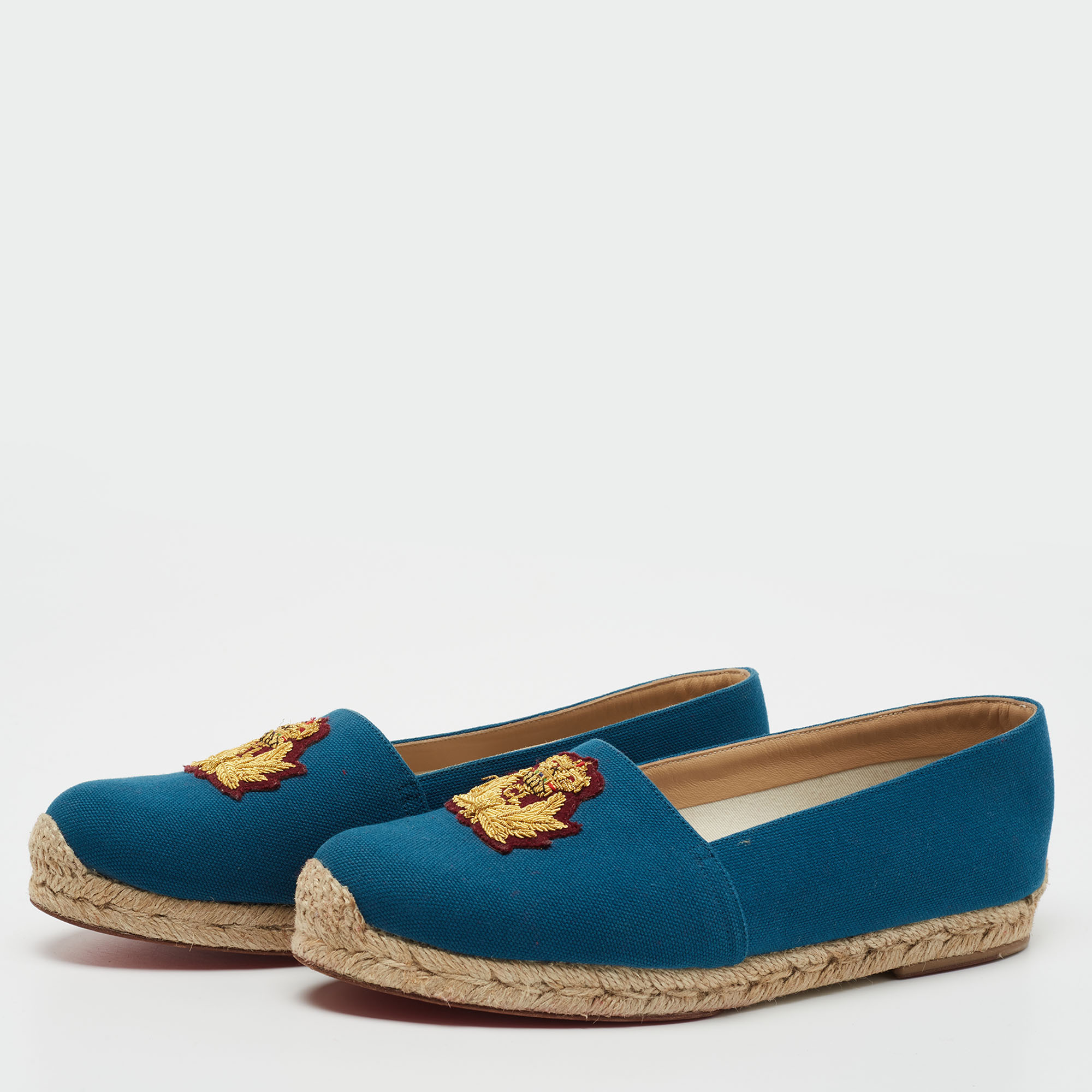 

Christian Louboutin Blue Canvas Gala Embroidered Crest Flat Espadrilles Size